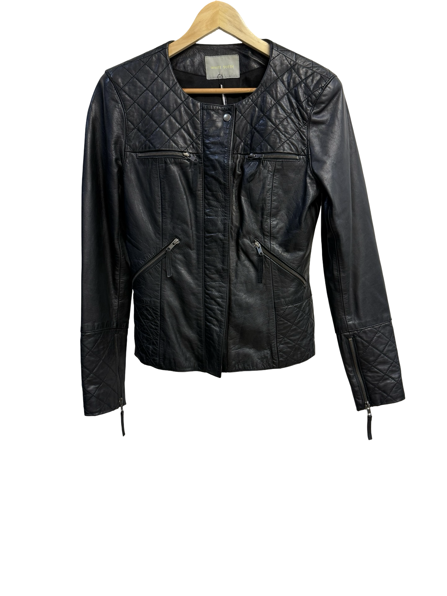 White Suede Black Quilted Leather Jacket 10