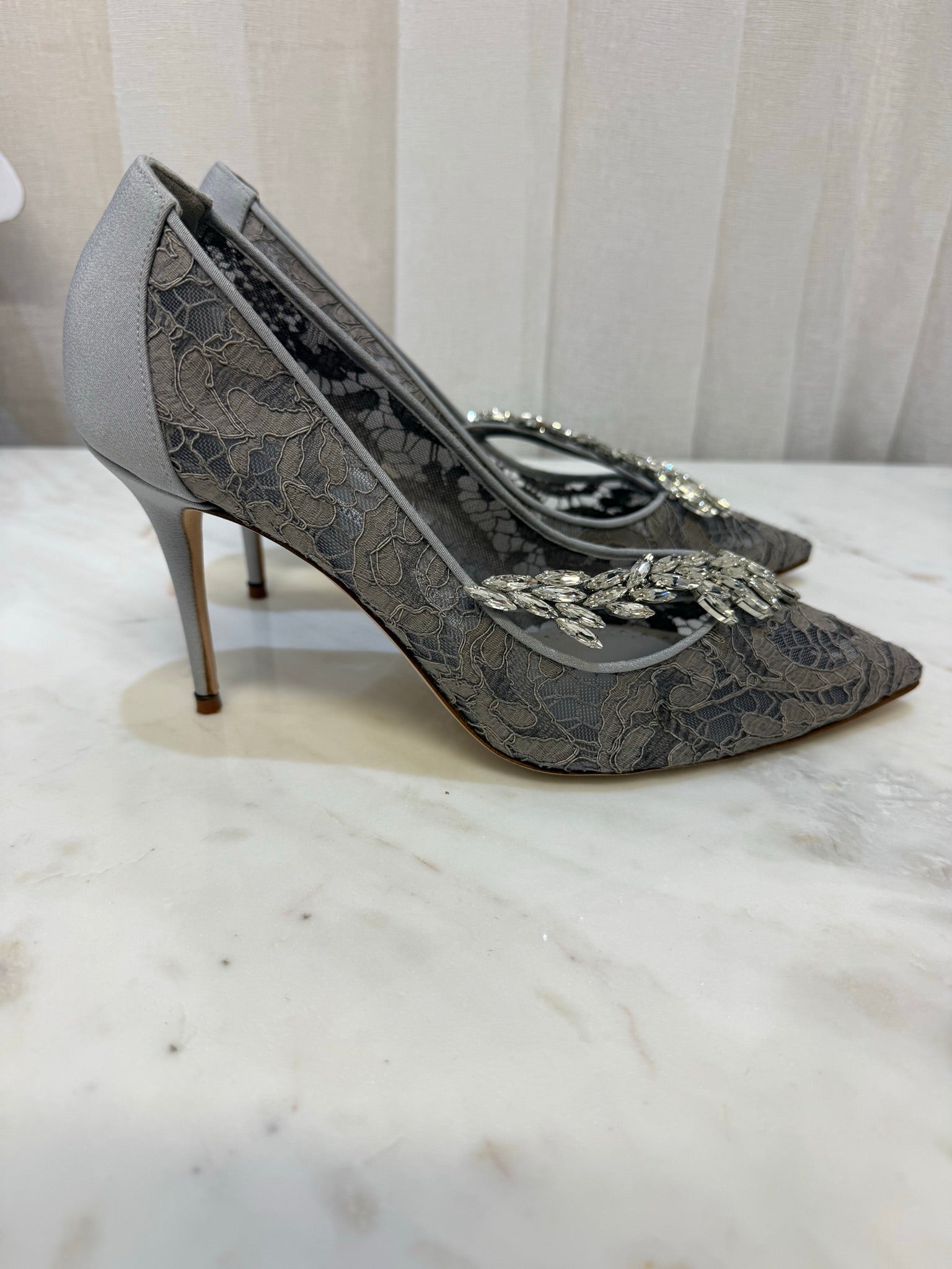 Manolo Blahnik Grey Lace Nadira Heels 38