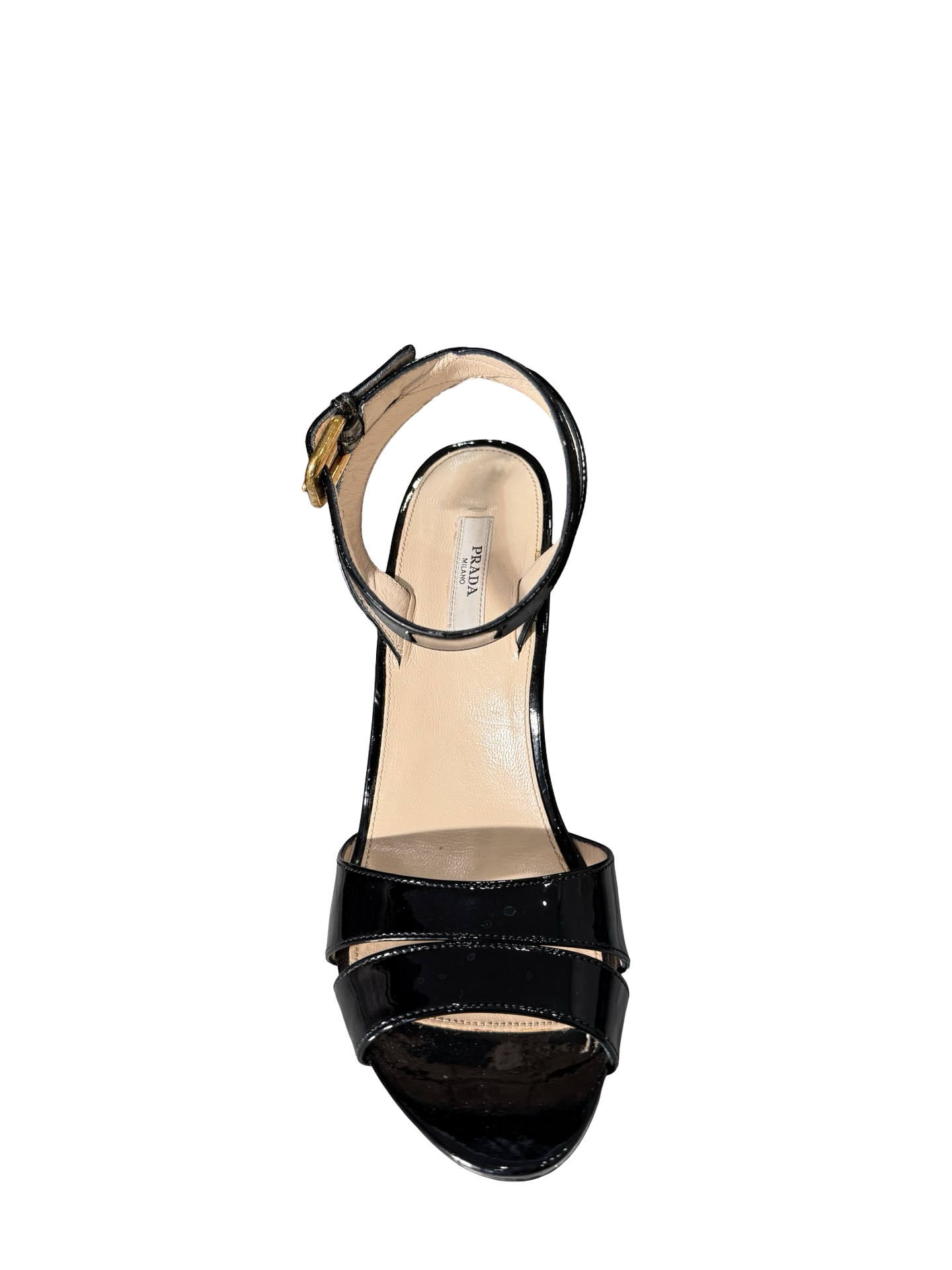 Prada Black Patent Leather Cone Heel Sandal 38 WB