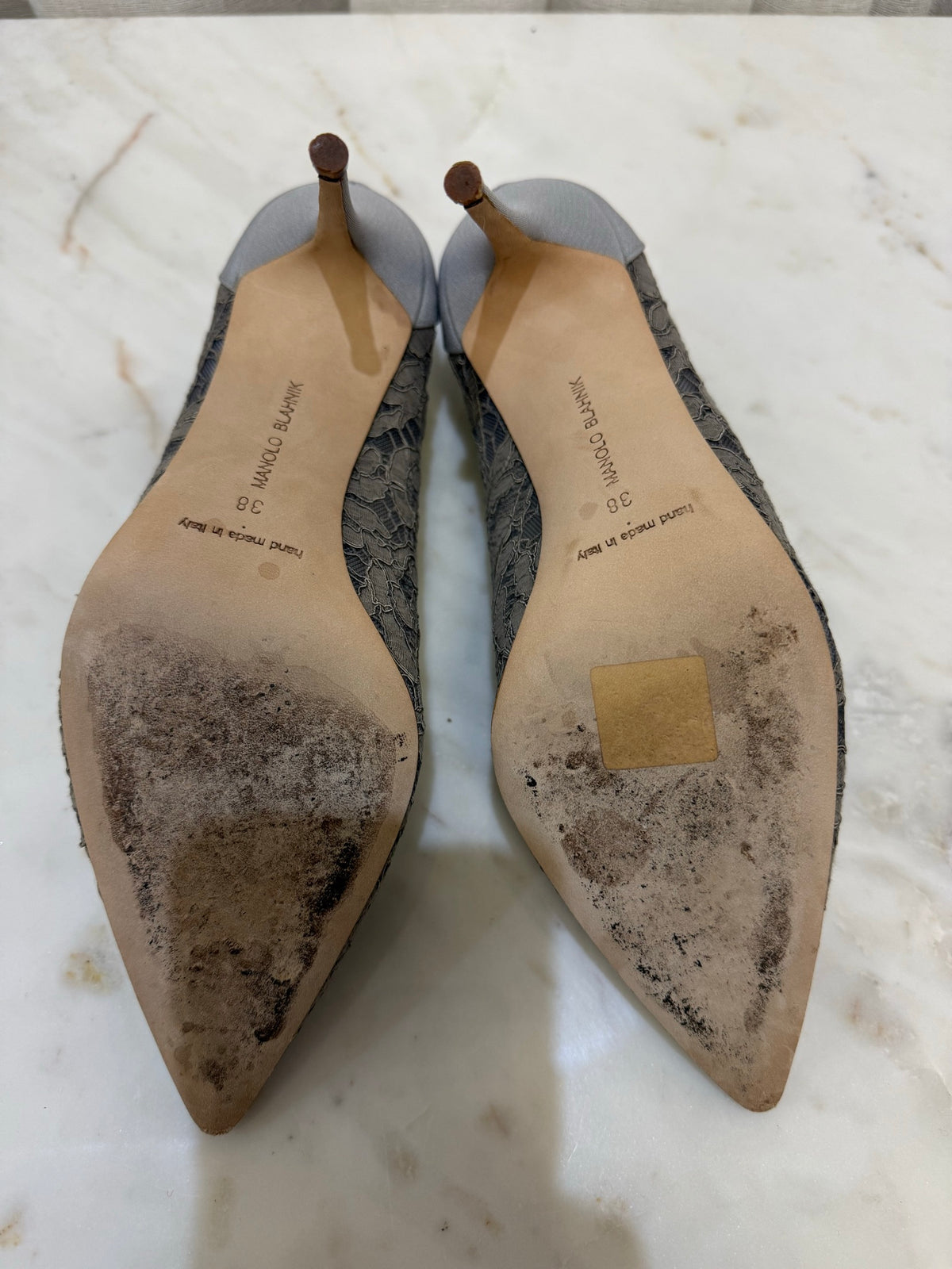Manolo Blahnik Grey Lace Nadira Heels 38