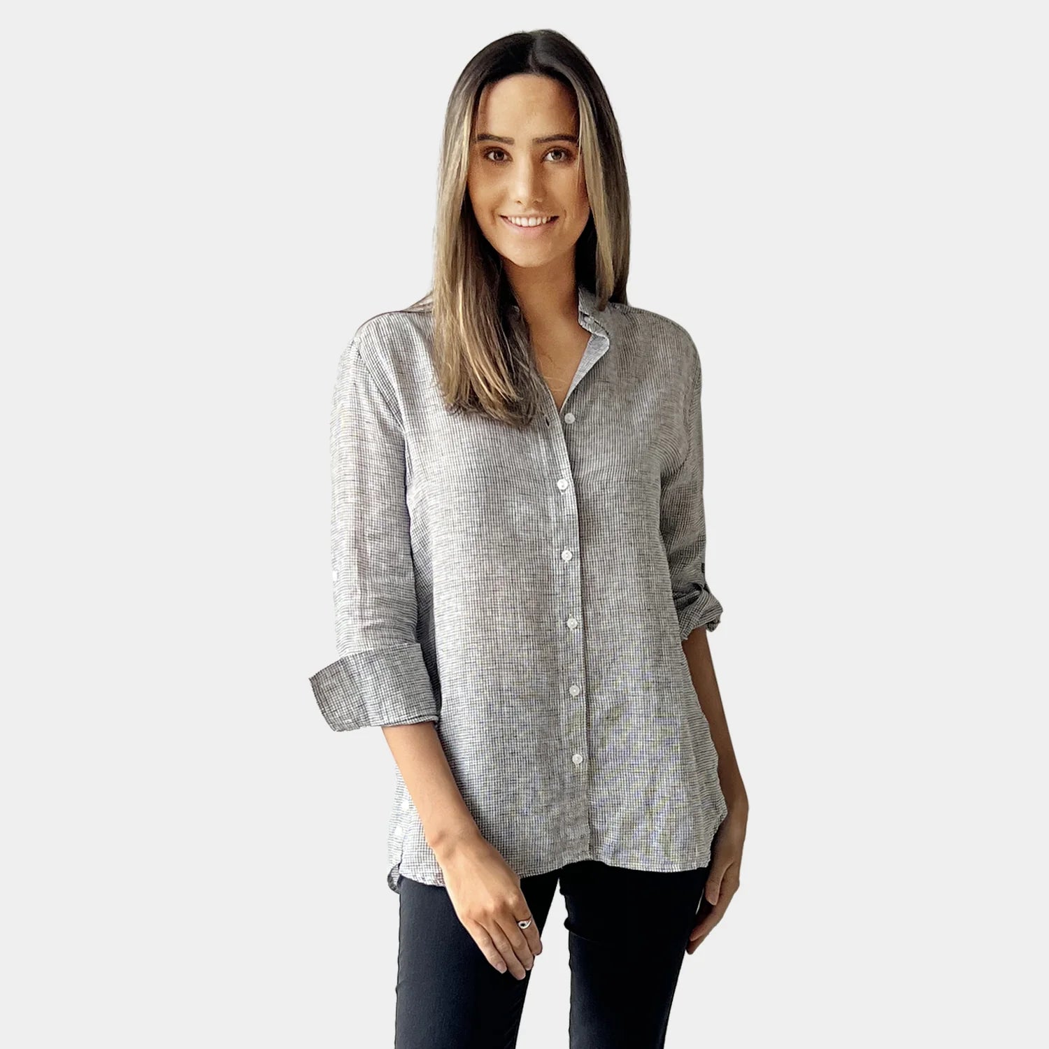Amyic Black White Gingham Linen Shirt