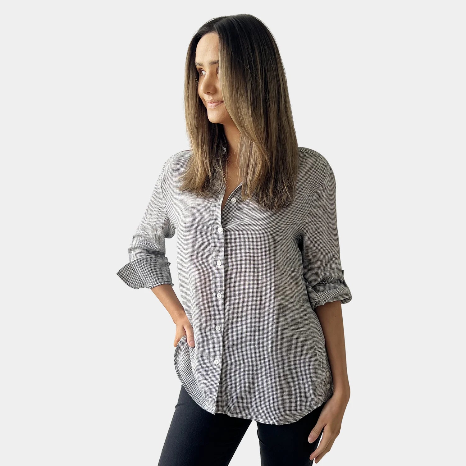 Amyic Black White Gingham Linen Shirt