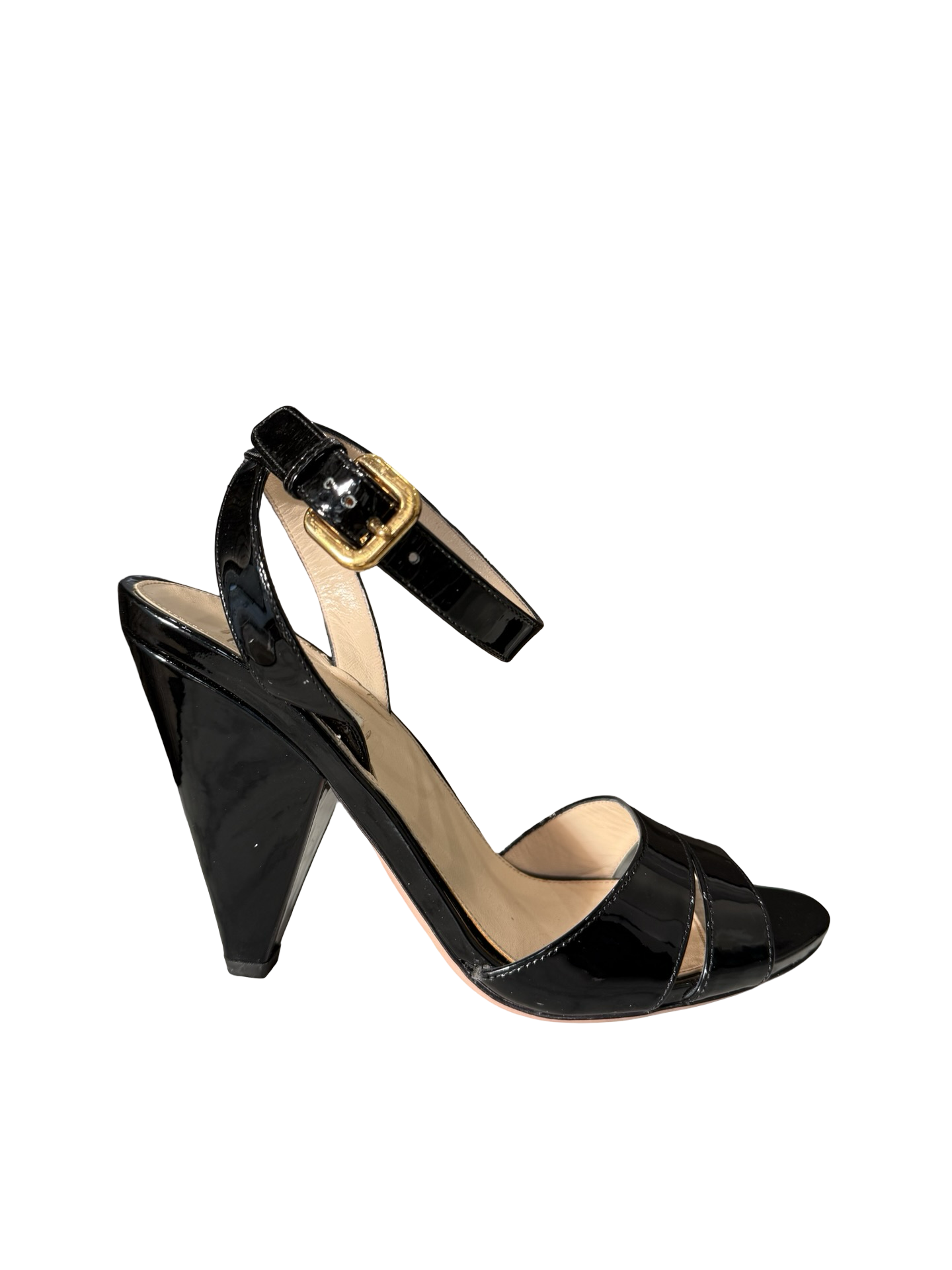 Prada Black Patent Leather Cone Heel Sandal 38 WB