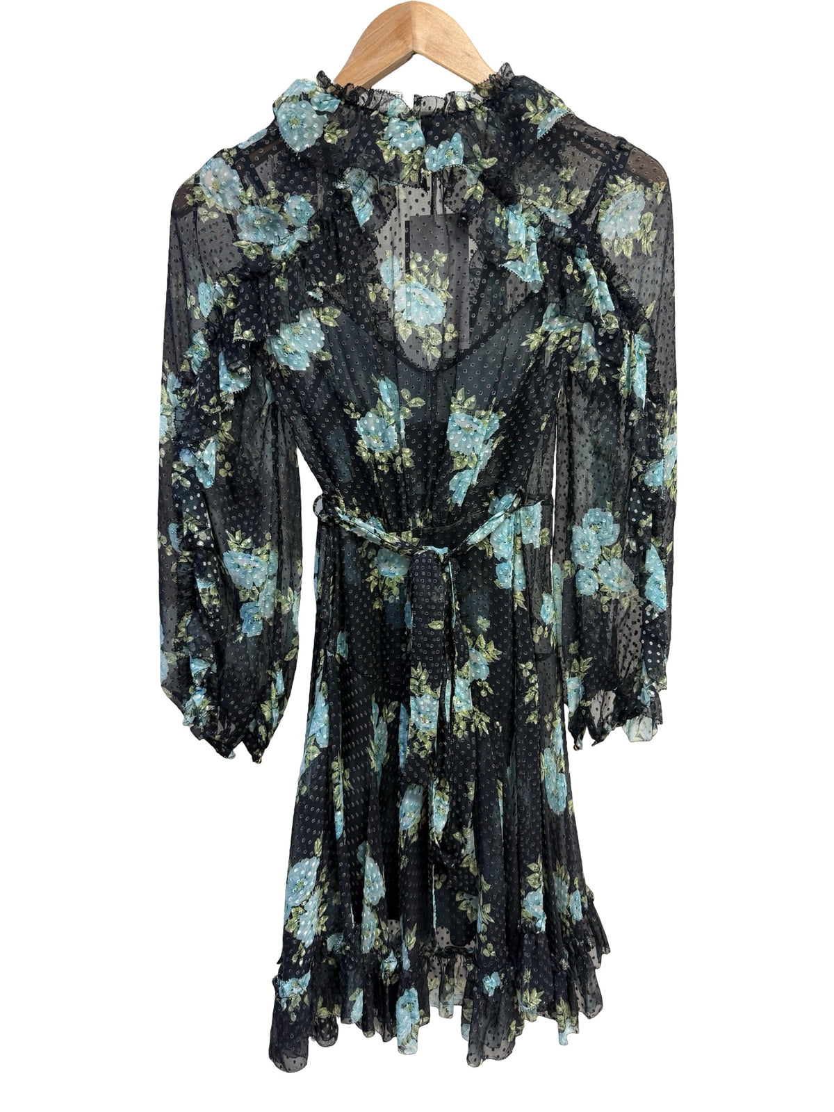 Zimmermann Black & Blue Floral Silk Wrap Dress 0P