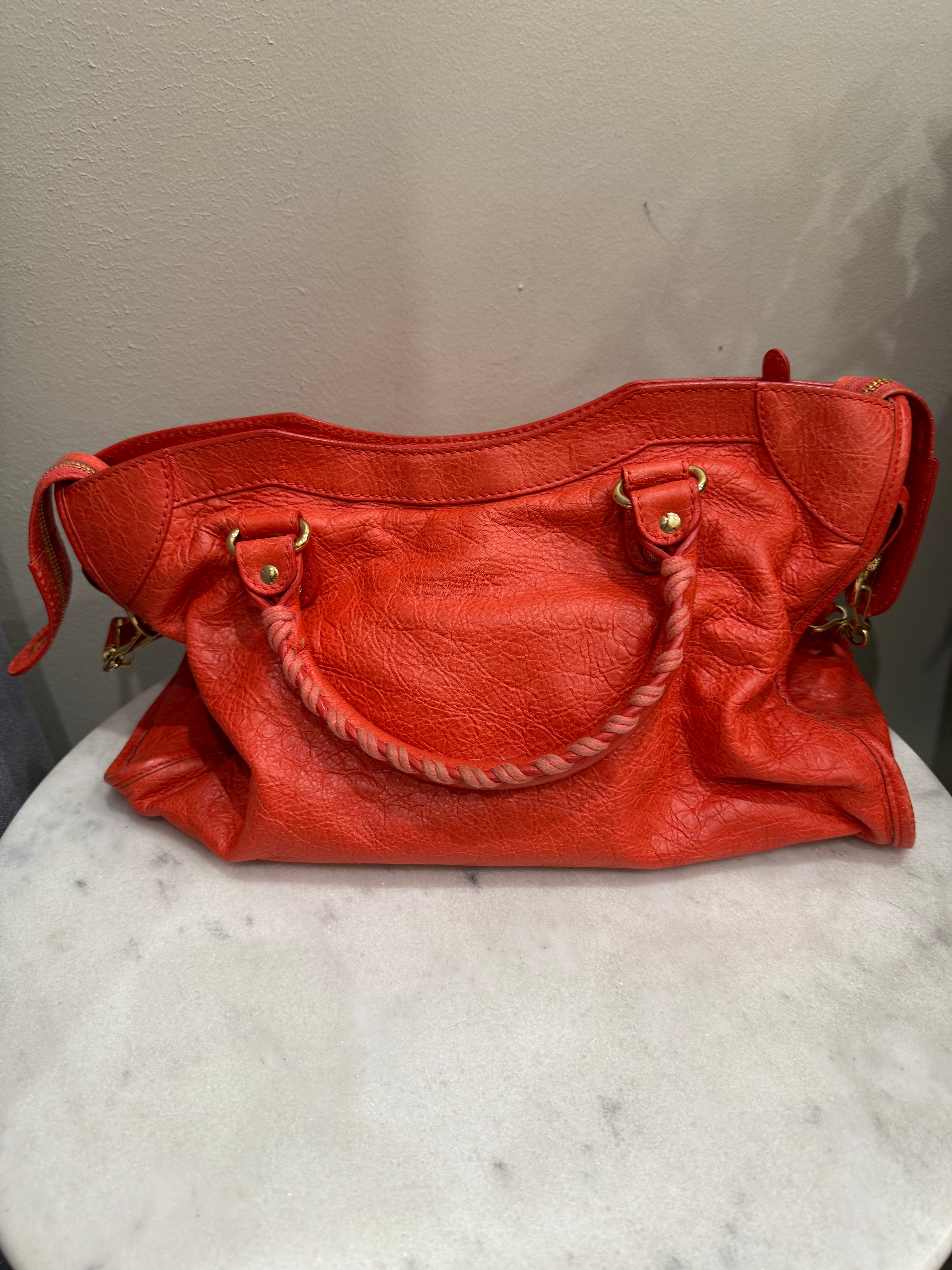 Balenciaga City Orange Red Leather Tote Handbag