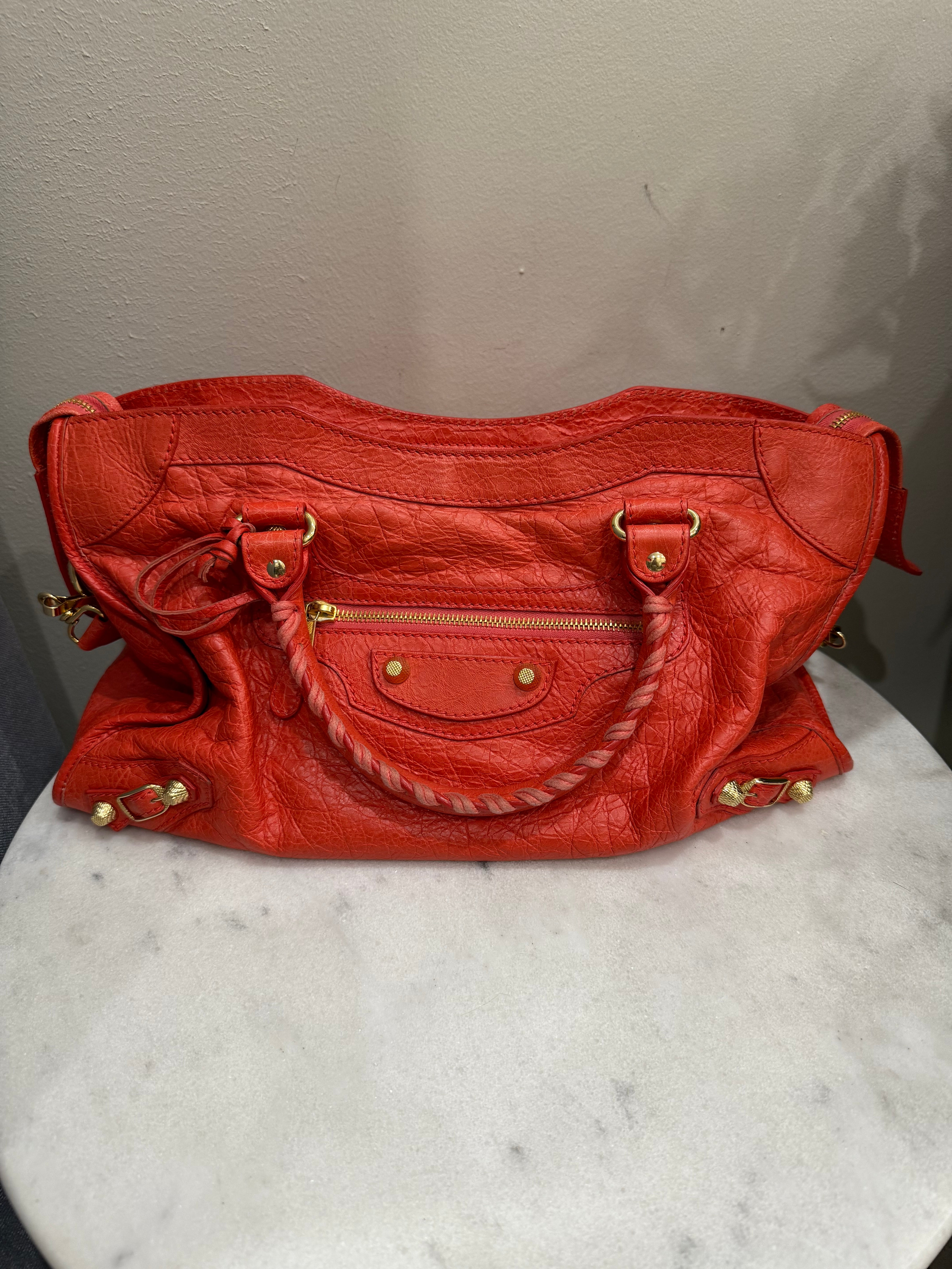 Balenciaga City Orange Red Leather Tote Handbag