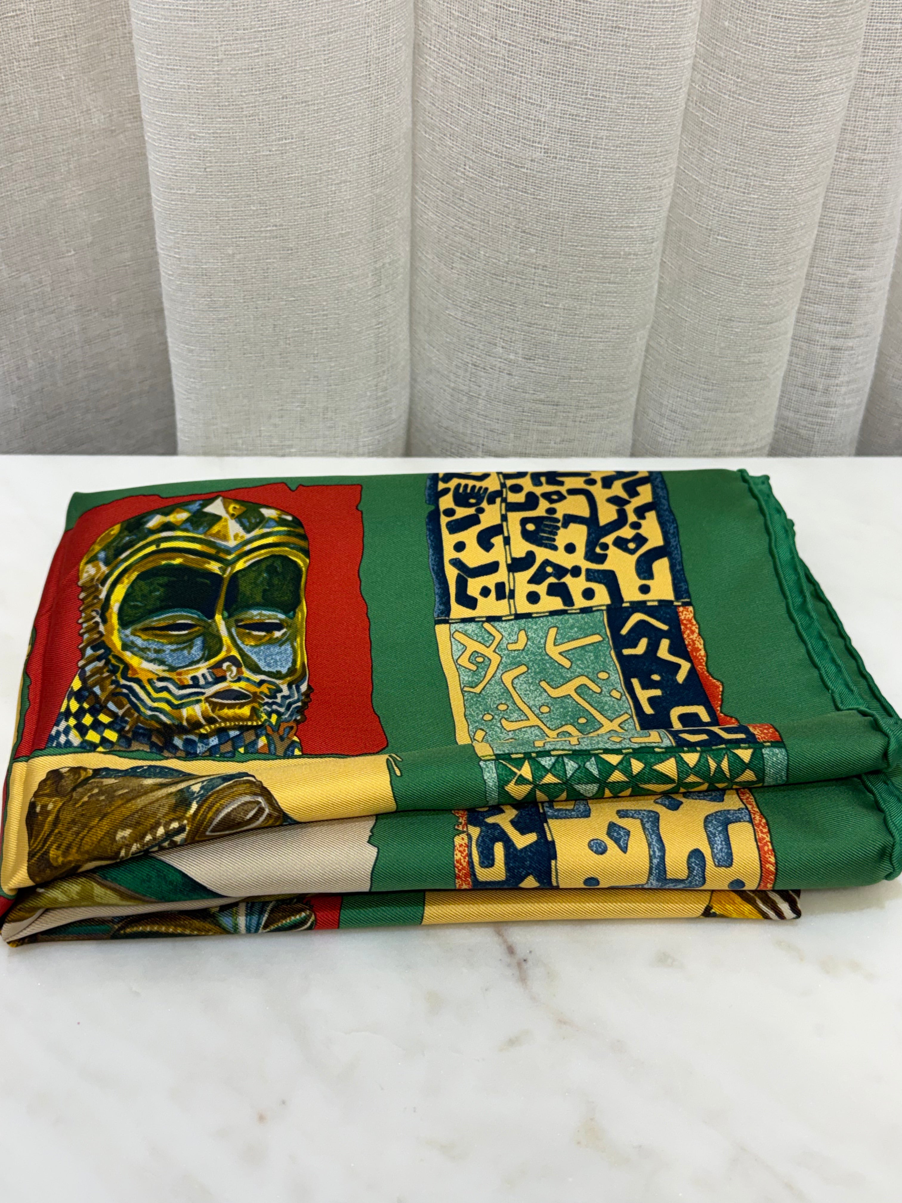 Hermes Green/Gold Tiki Print Scarf