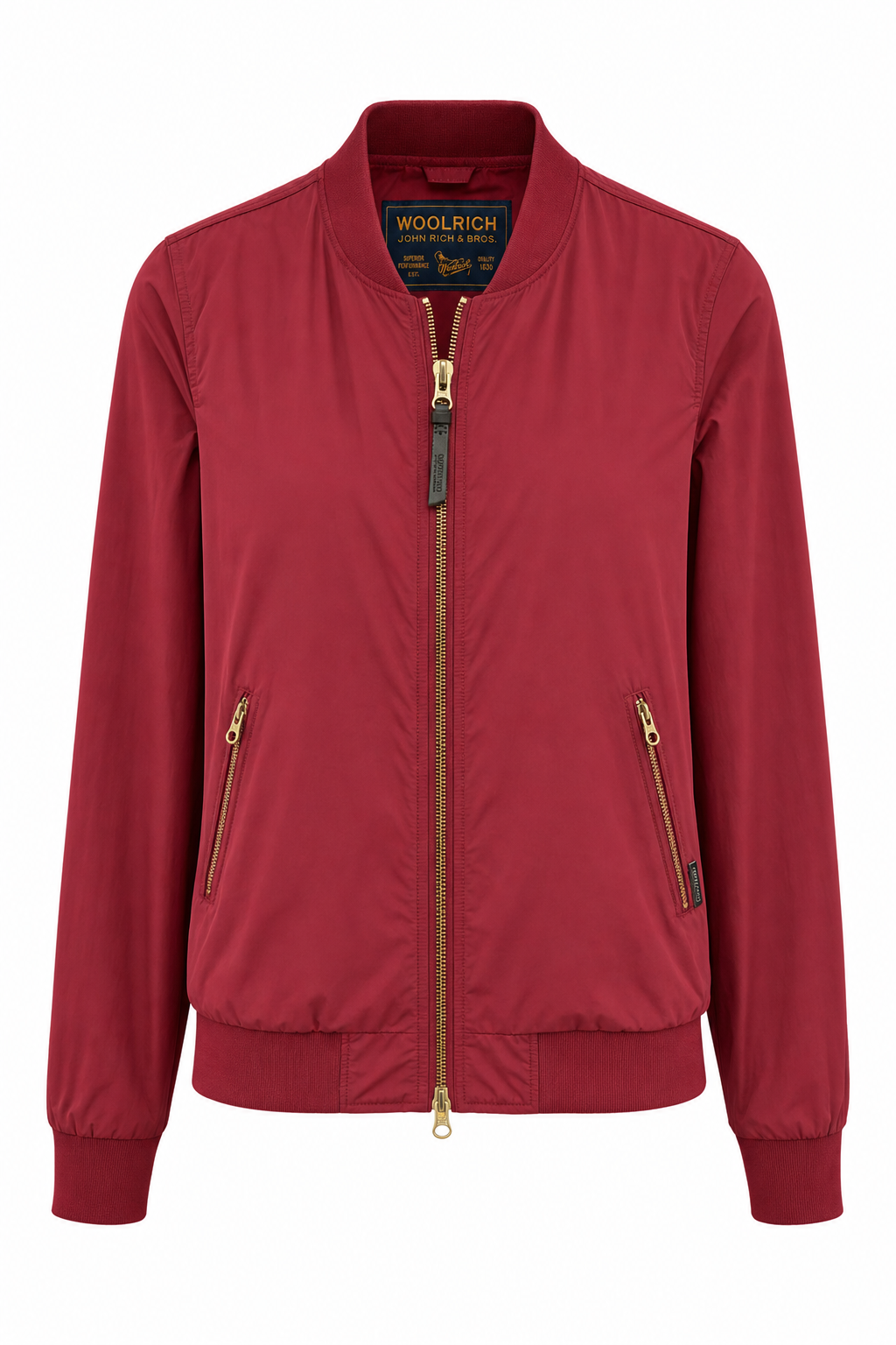 Woorich Red jacket with gold zippers on a white background