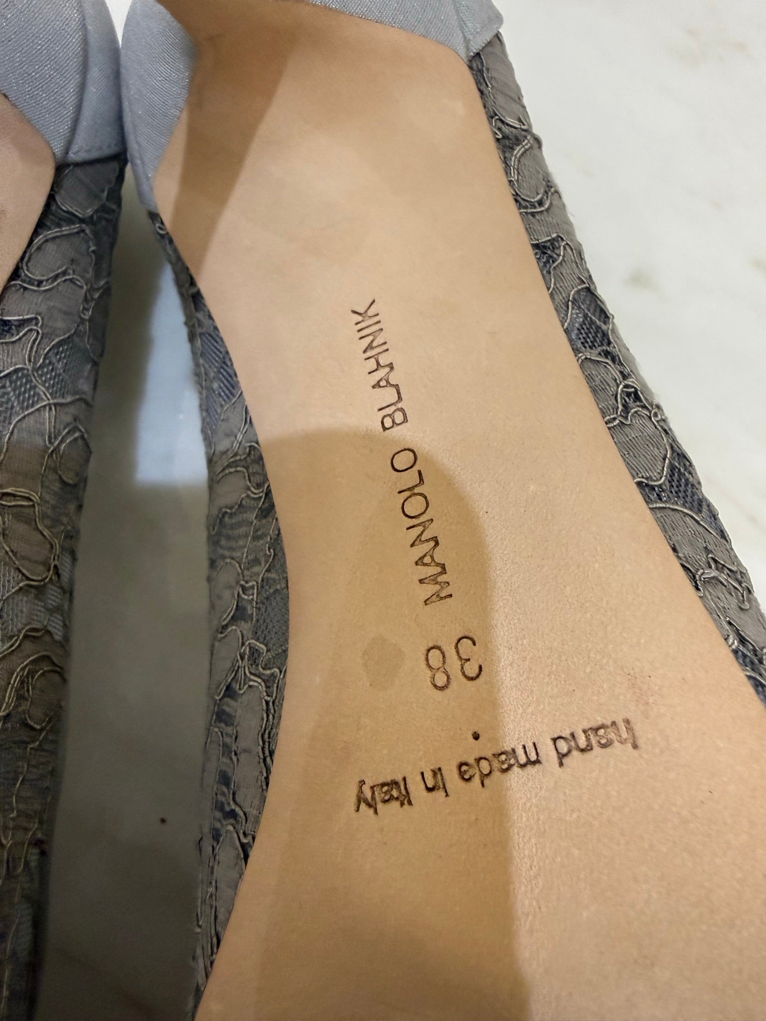 Manolo Blahnik Grey Lace Nadira Heels 38