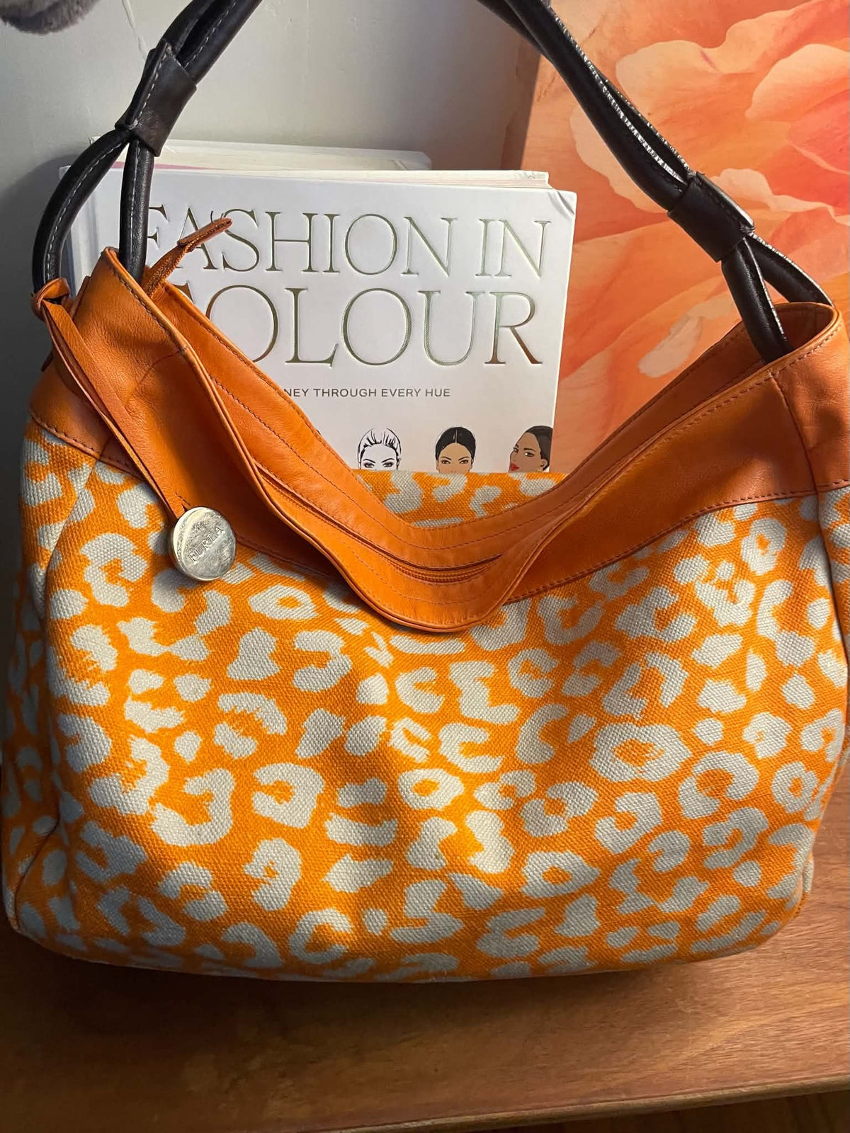 Furla Orange Leopard Print Tote Bag