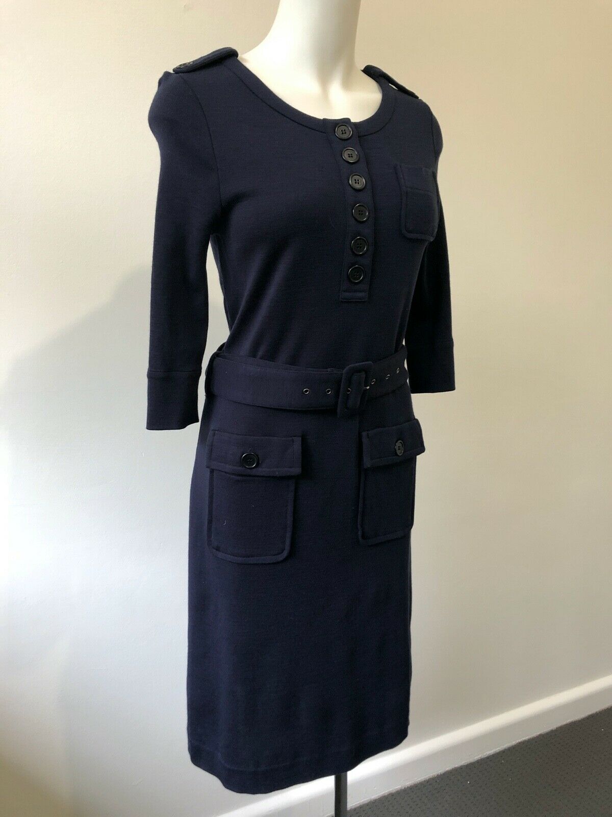100% Wool Dress Shift Pockets Tie Belt