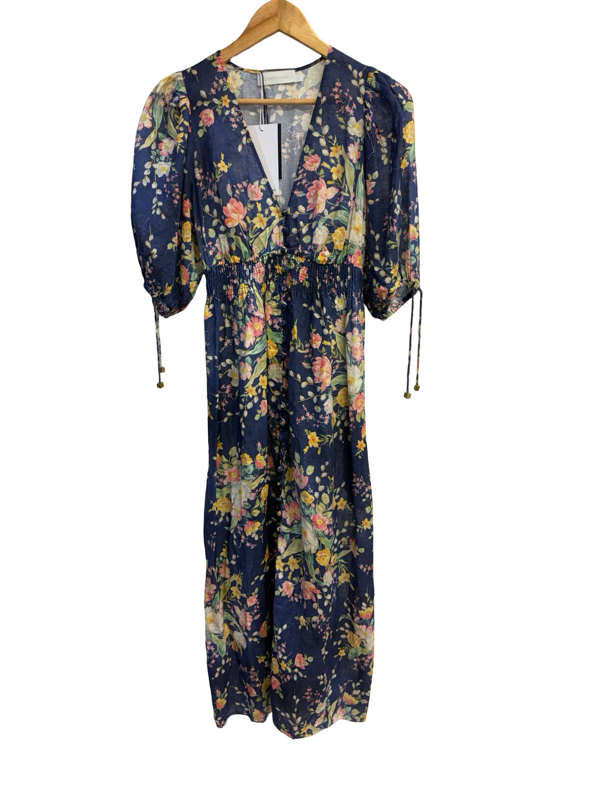 Zimmermann Navy Floral Linen Midi Dress 0