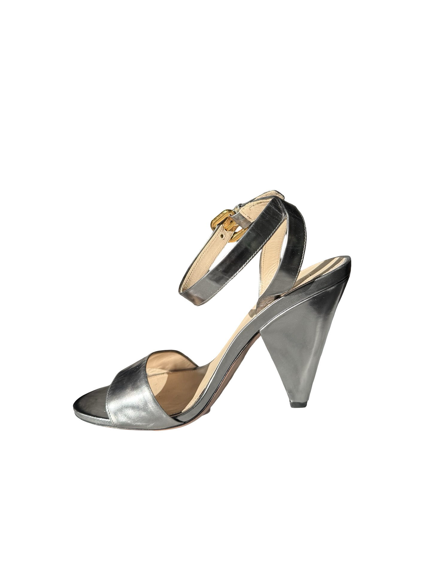 Prada Silver Leather Cone Heel Sandal 38 WB