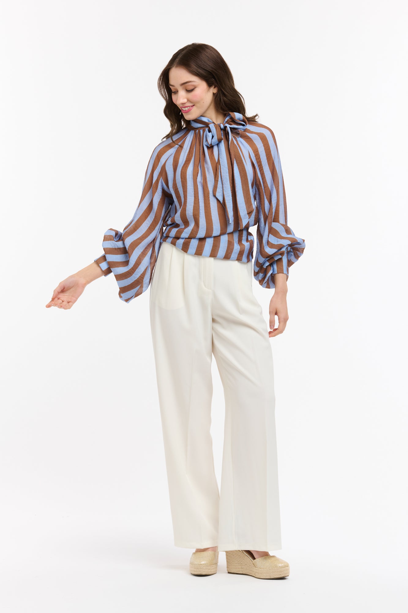 Urban Luxury Brown/Blue Striped Bow Blouse OS