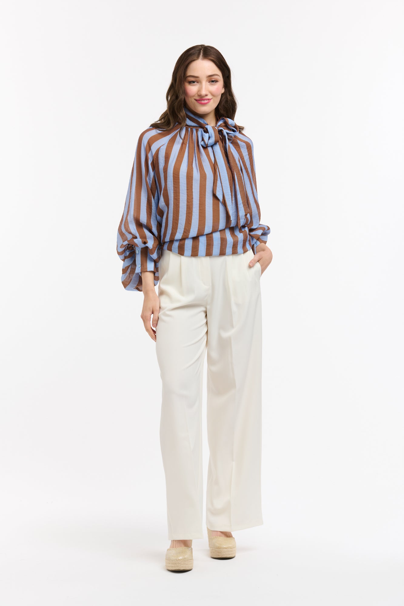 Urban Luxury Brown/Blue Striped Bow Blouse OS