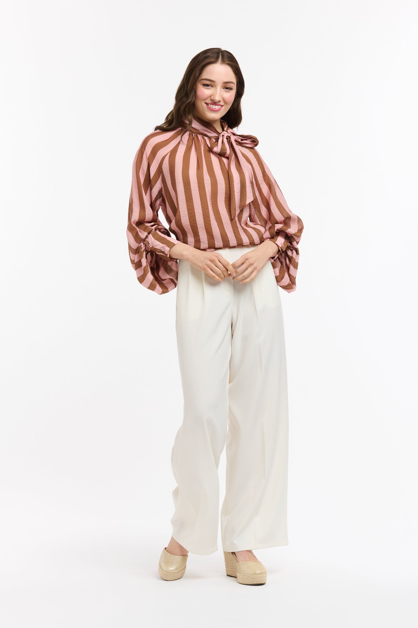 Urban Luxury Brown/Red Striped Bow Blouse OS