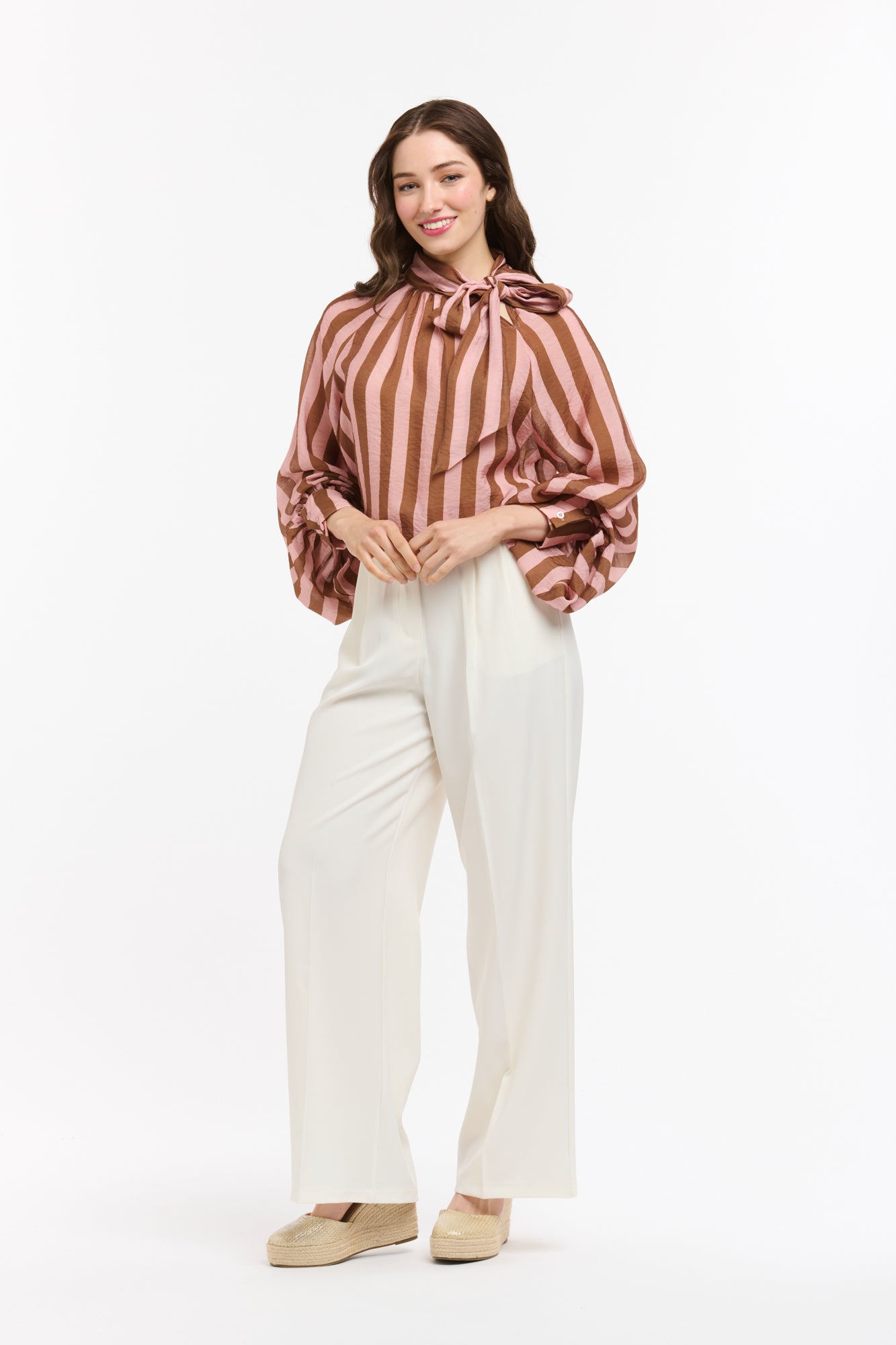 Urban Luxury Brown/Red Striped Bow Blouse OS