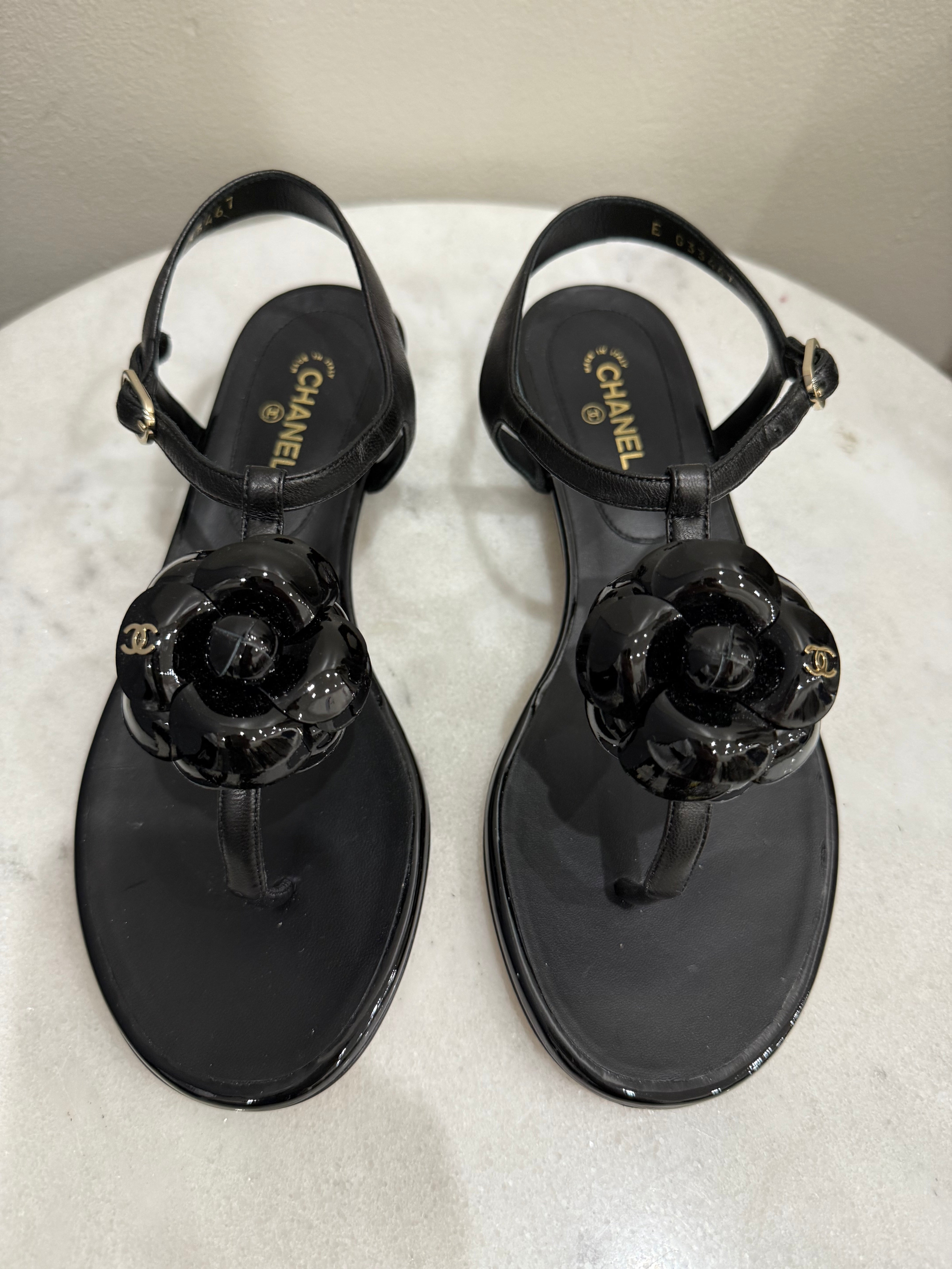 Chanel Black Camellia Sandals 38