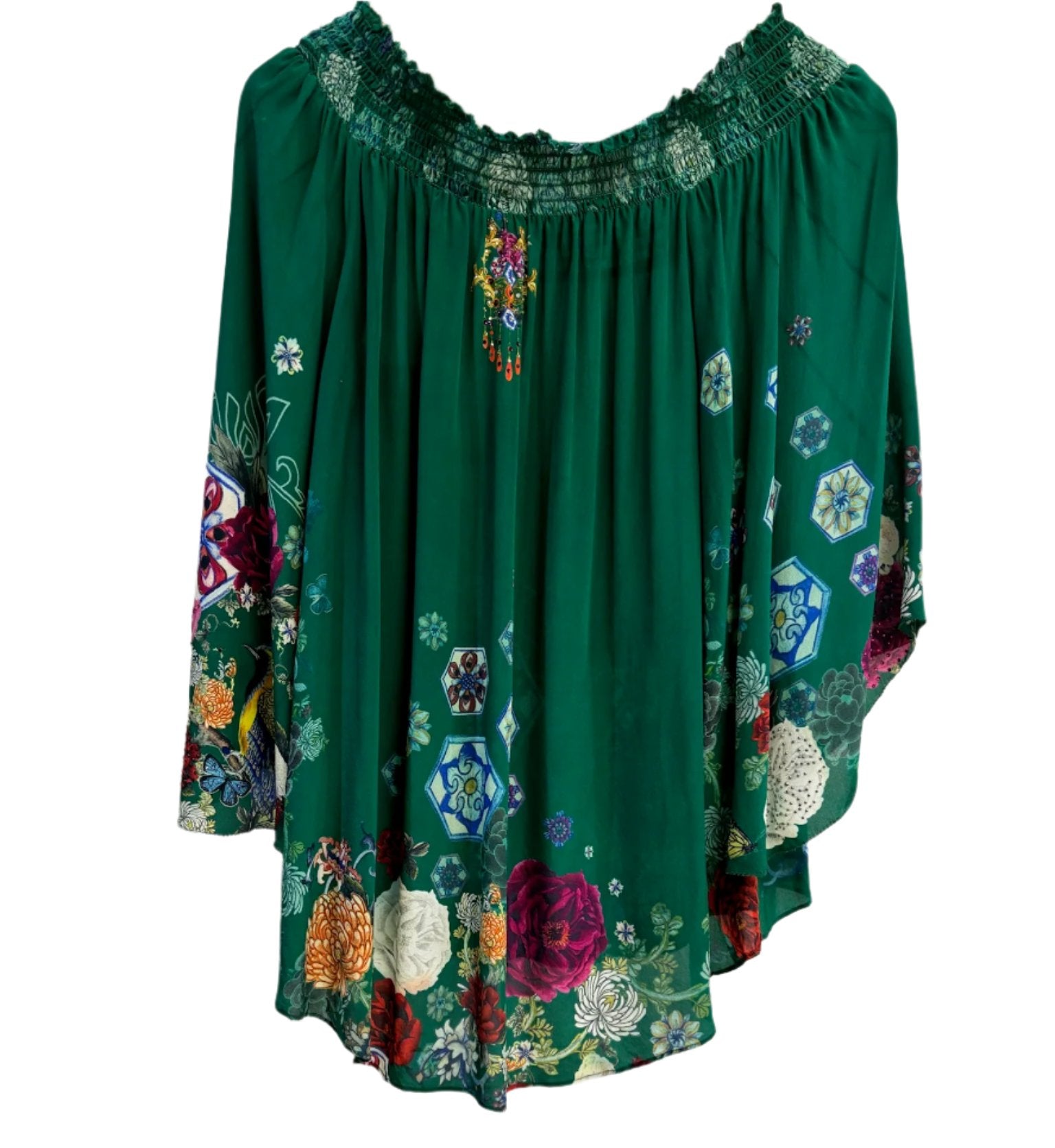 Camilla Green Floral Shirred Top XS