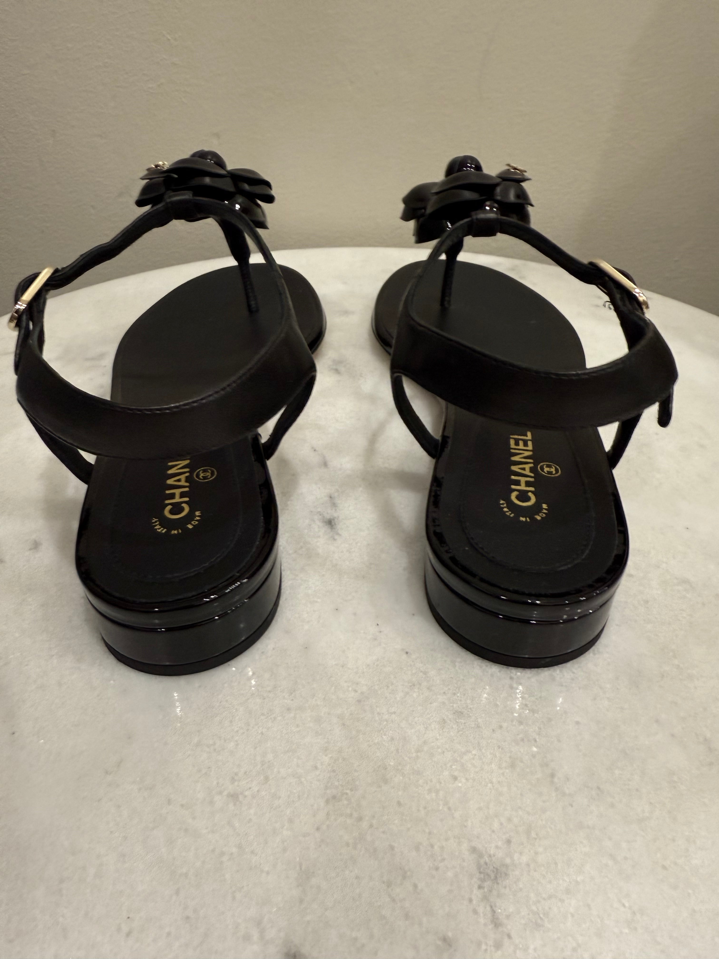 Chanel Black Camellia Sandals 38