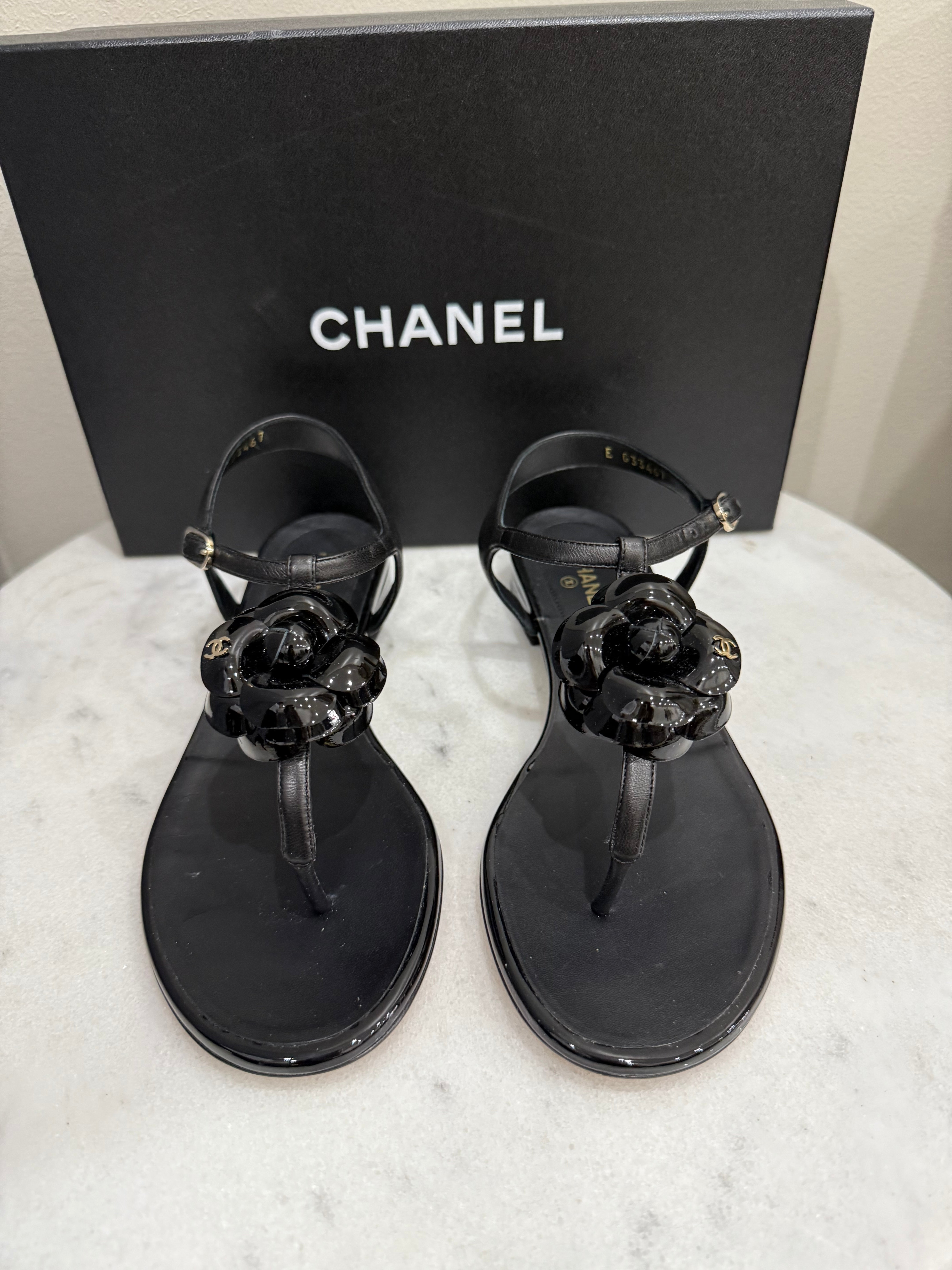 Chanel Black Camellia Sandals 38