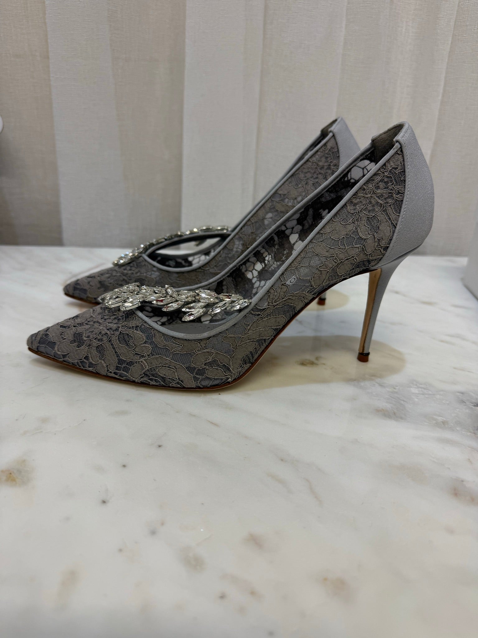 Manolo Blahnik Grey Lace Nadira Heels 38