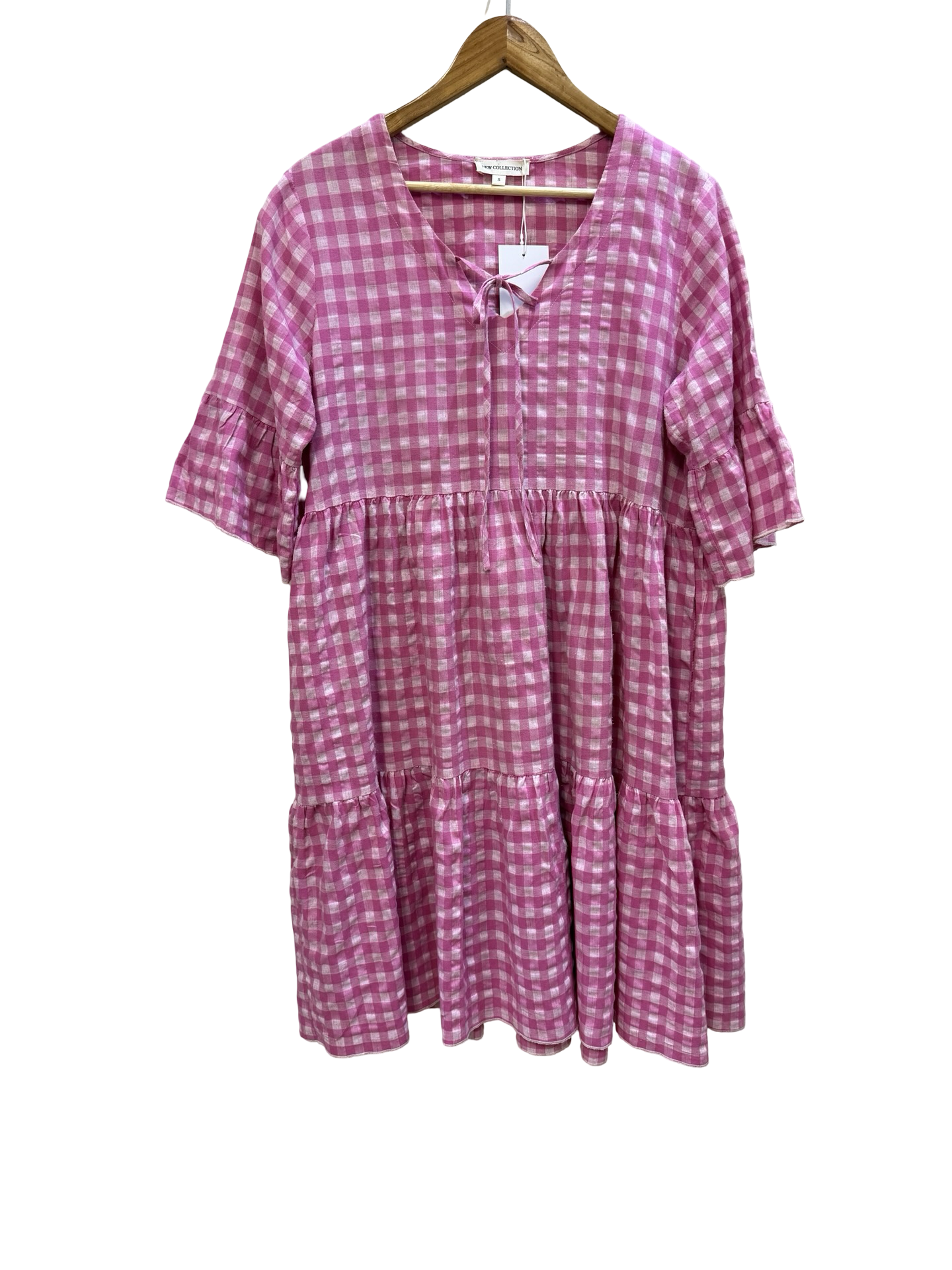 New Collection Pink Gingham Tiered Dress S