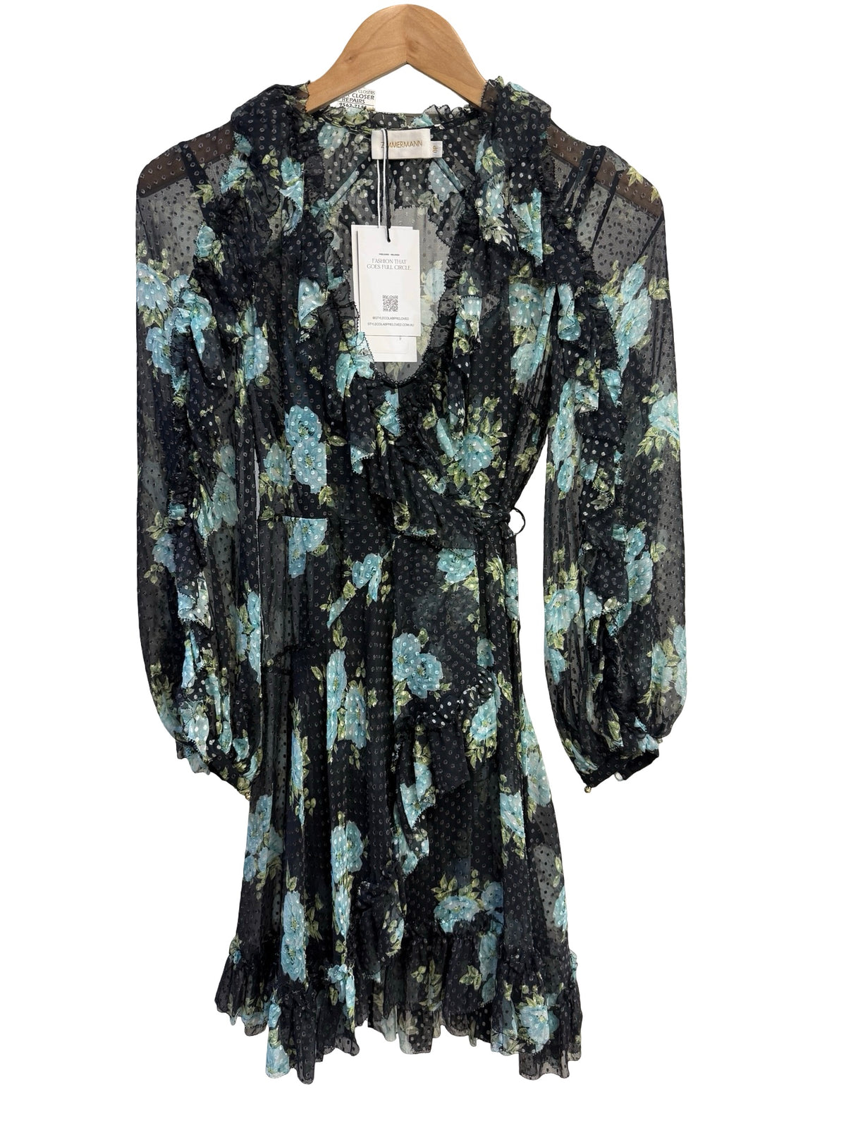 Zimmermann Black & Blue Floral Silk Wrap Dress 0P
