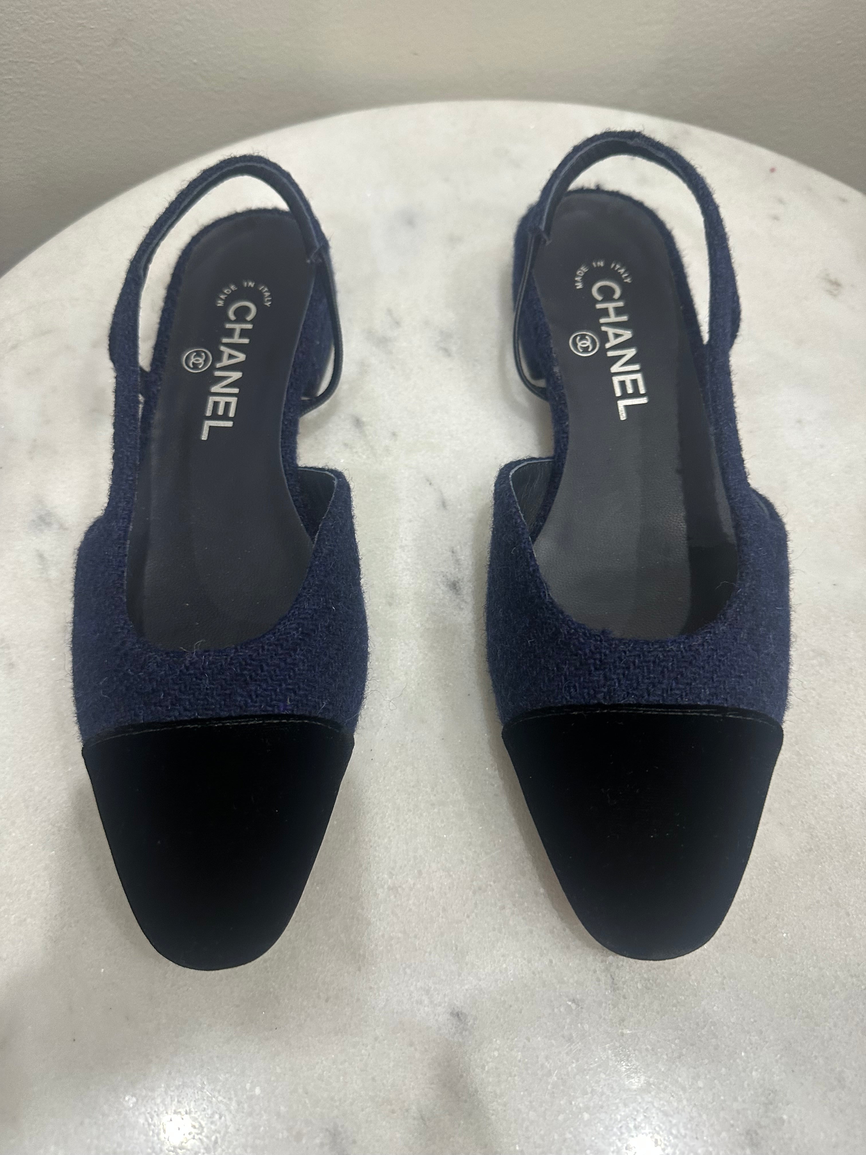 Chanel Navy Tweed Flats 37.5