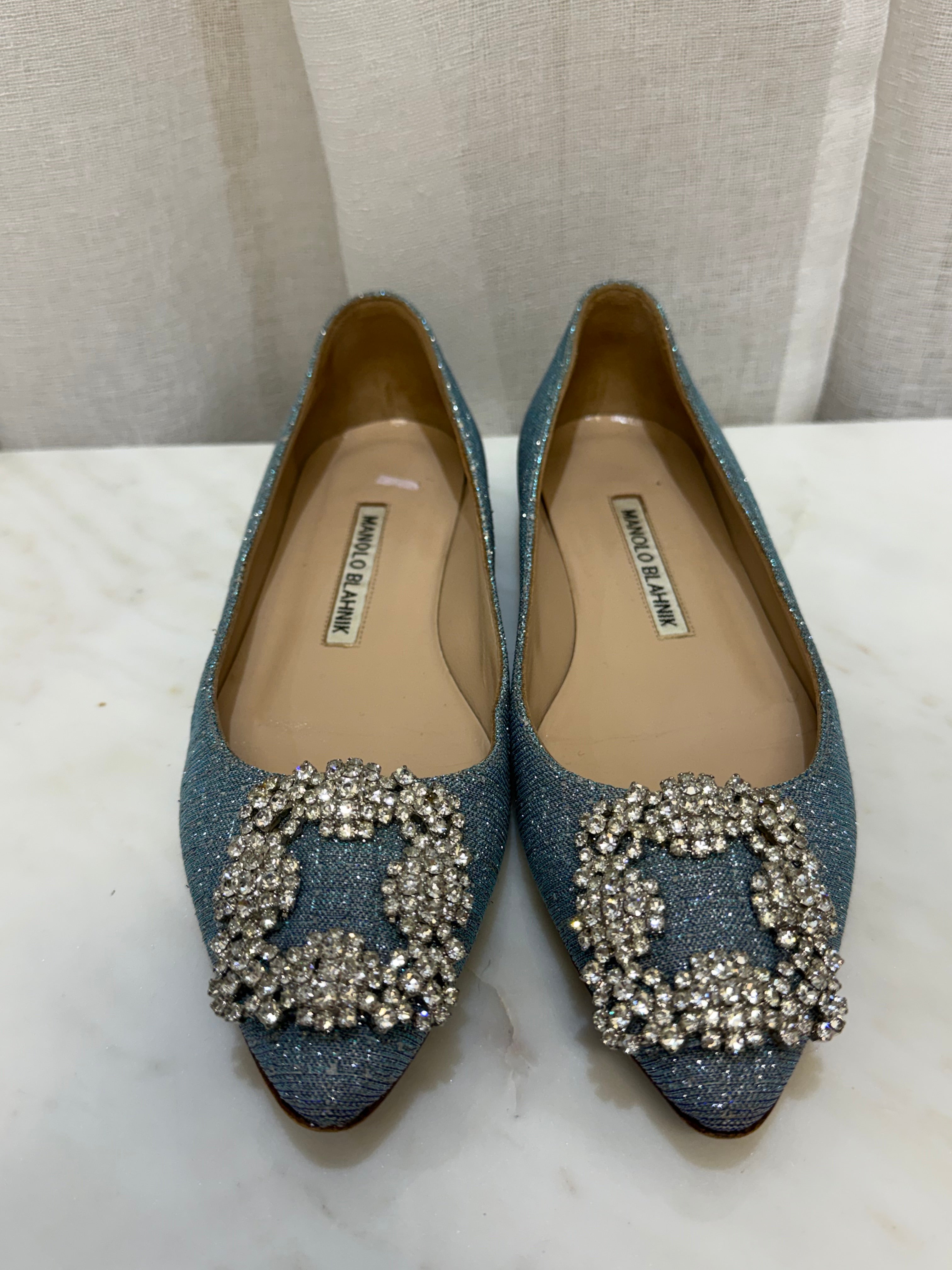 MANOLO BLAHNIK Blue Sparkle Flats 34