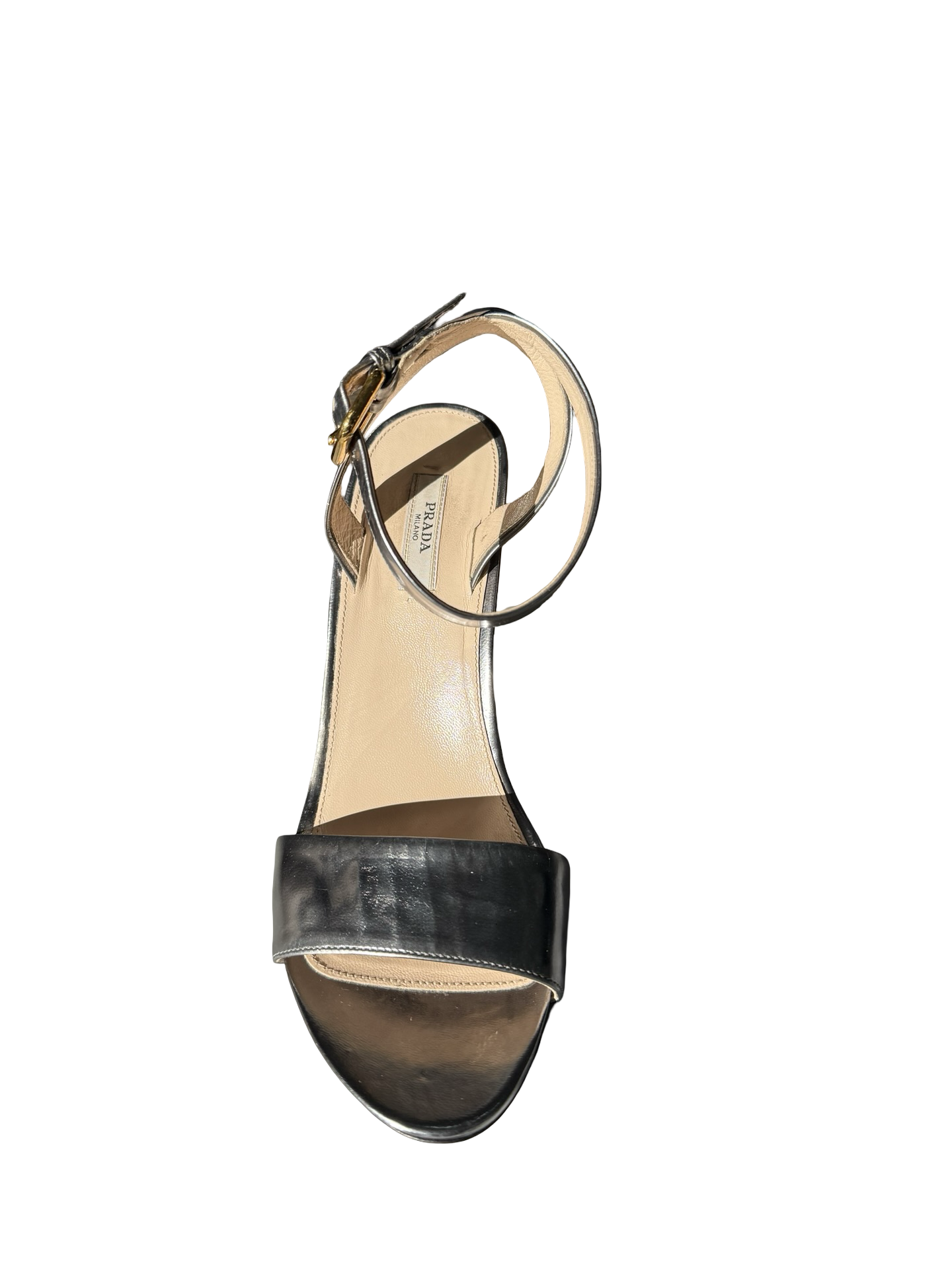 Prada Silver Leather Cone Heel Sandal 38 WB