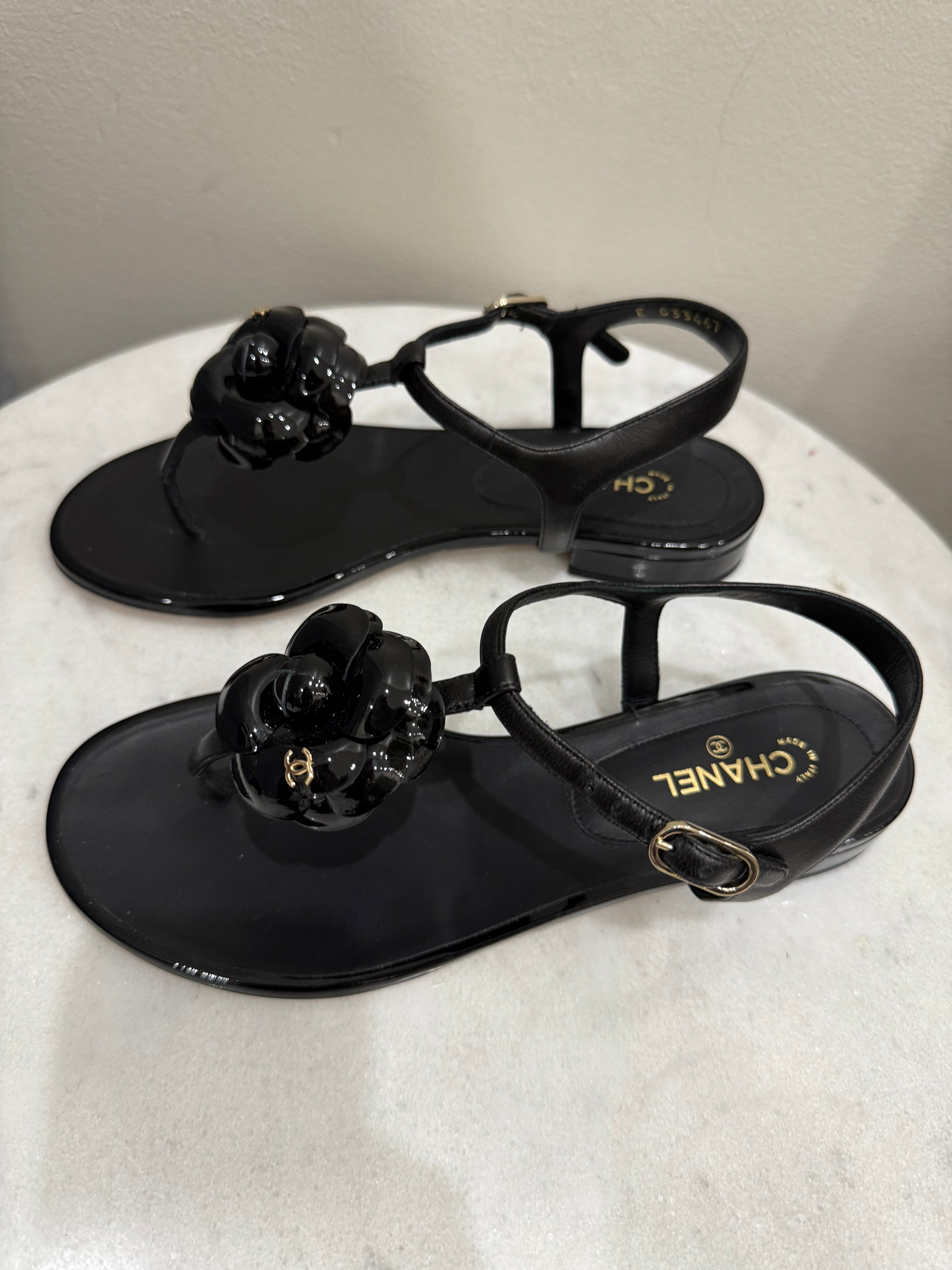 Chanel Black Camellia Sandals 38