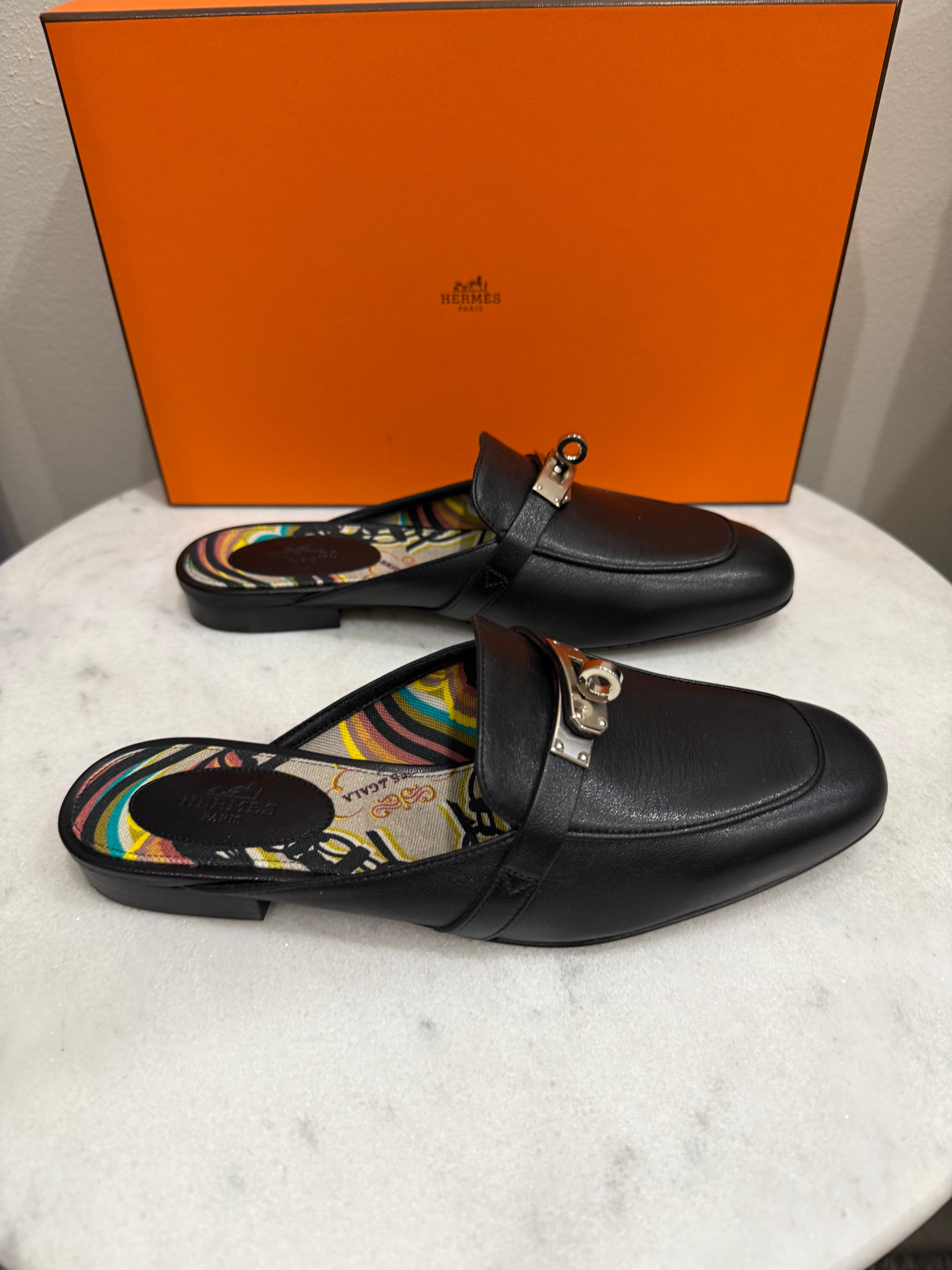 Hermes OZ Black Mules 37