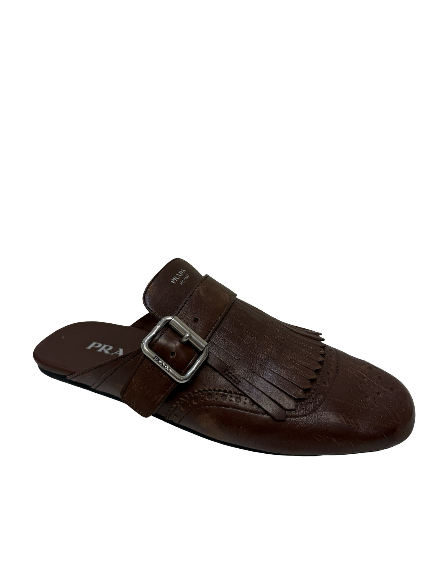 Prada Brown Fringed Leather Mules 38 WB