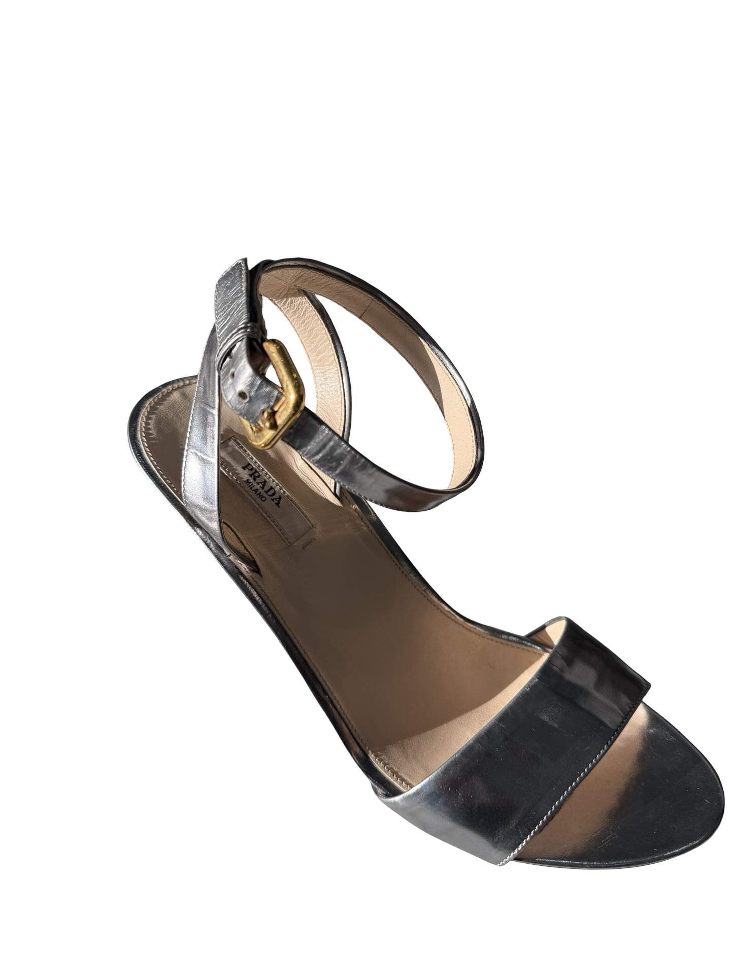 Prada Silver Leather Cone Heel Sandal 38 WB