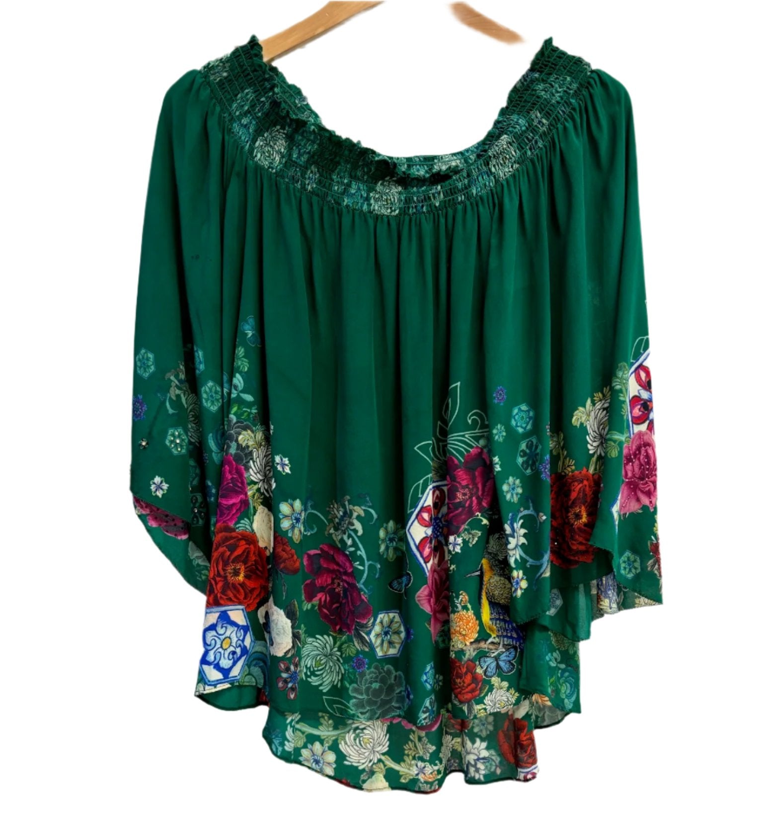 Camilla Green Floral Shirred Top XS