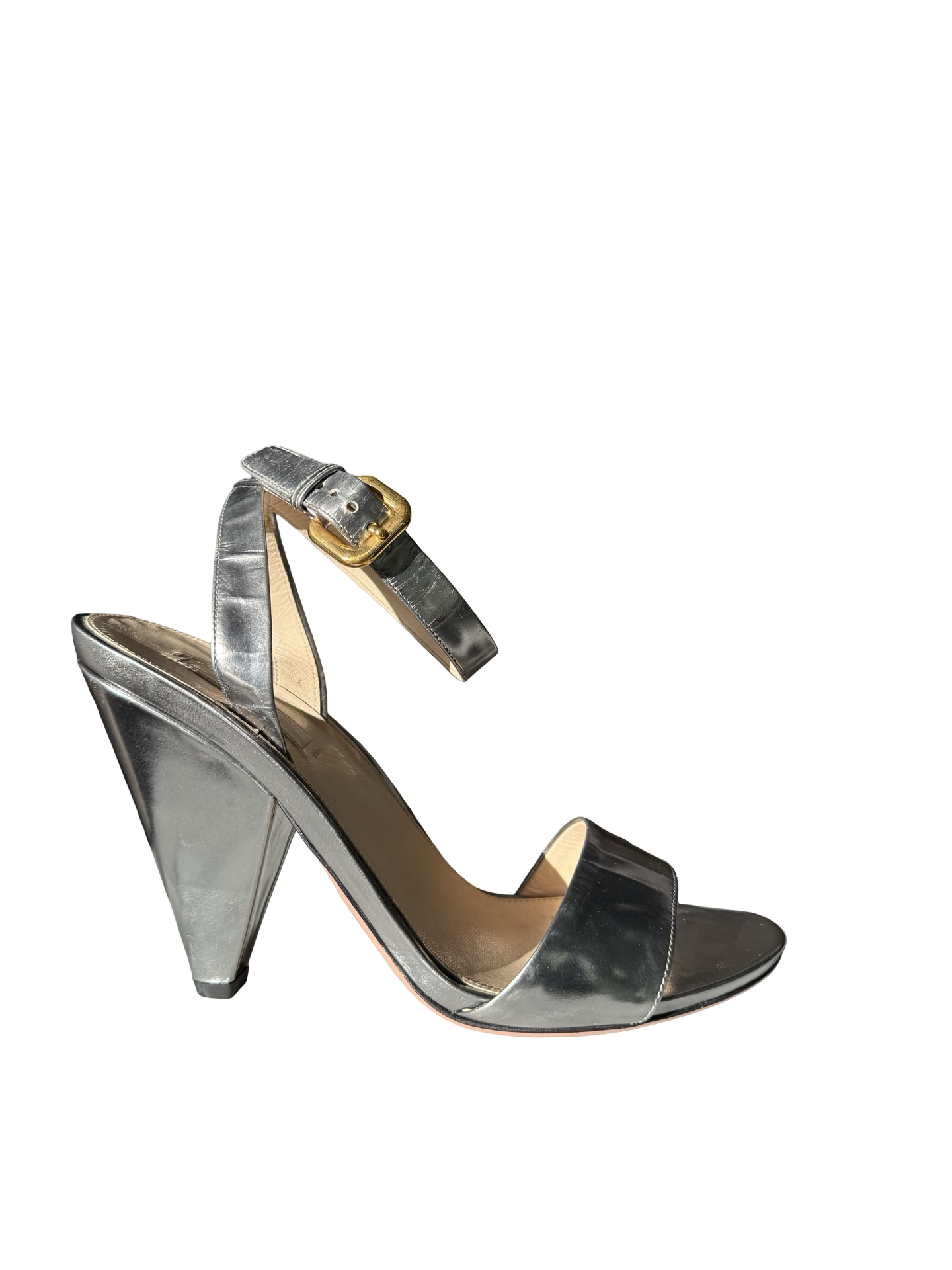 Prada Silver Leather Cone Heel Sandal 38 WB