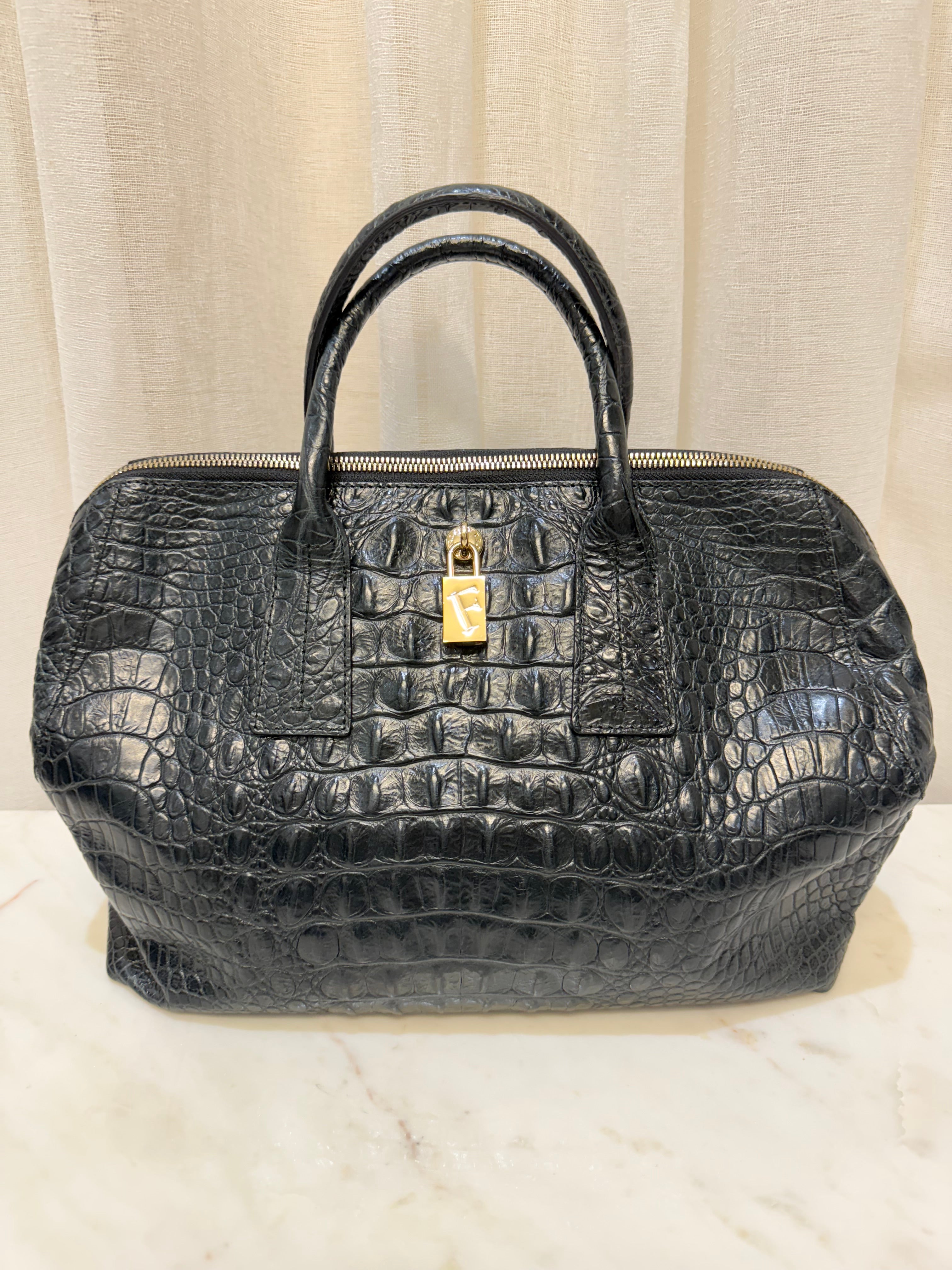 Furla Black Patent Crocodile Handbag