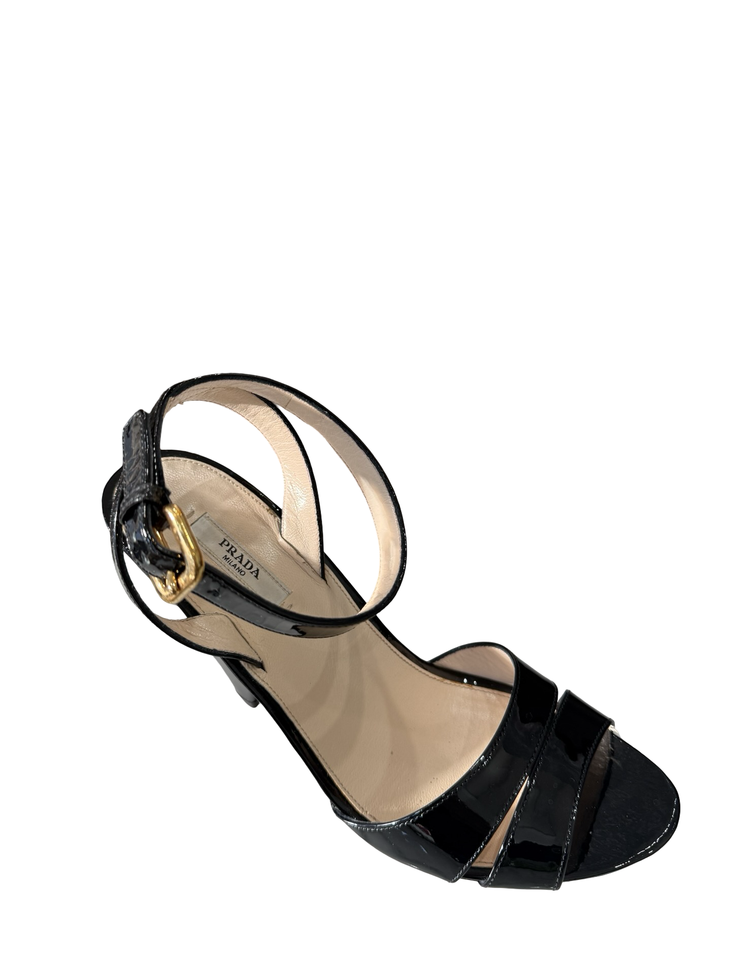 Prada Black Patent Leather Cone Heel Sandal 38 WB