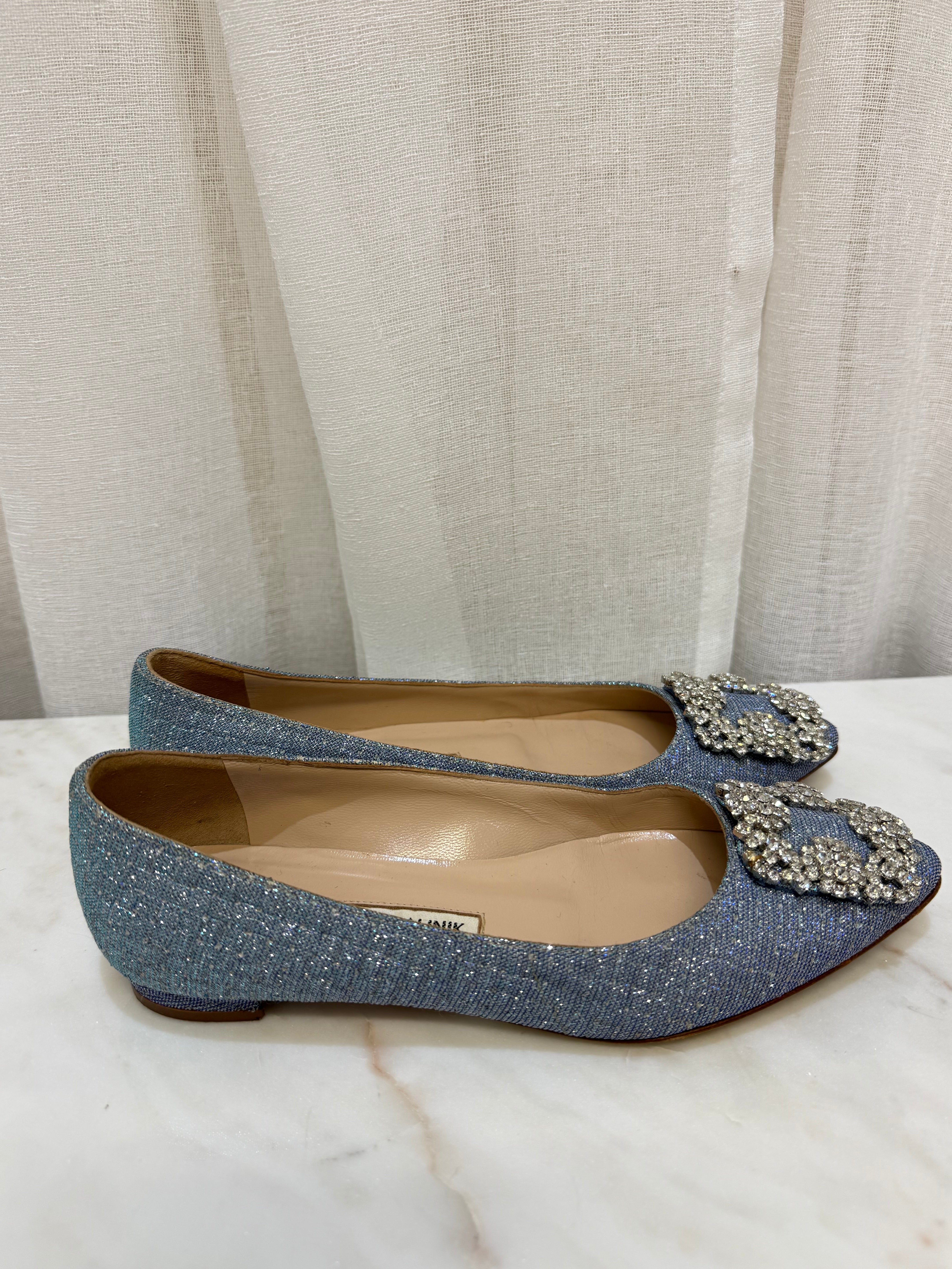 MANOLO BLAHNIK Blue Sparkle Flats 34