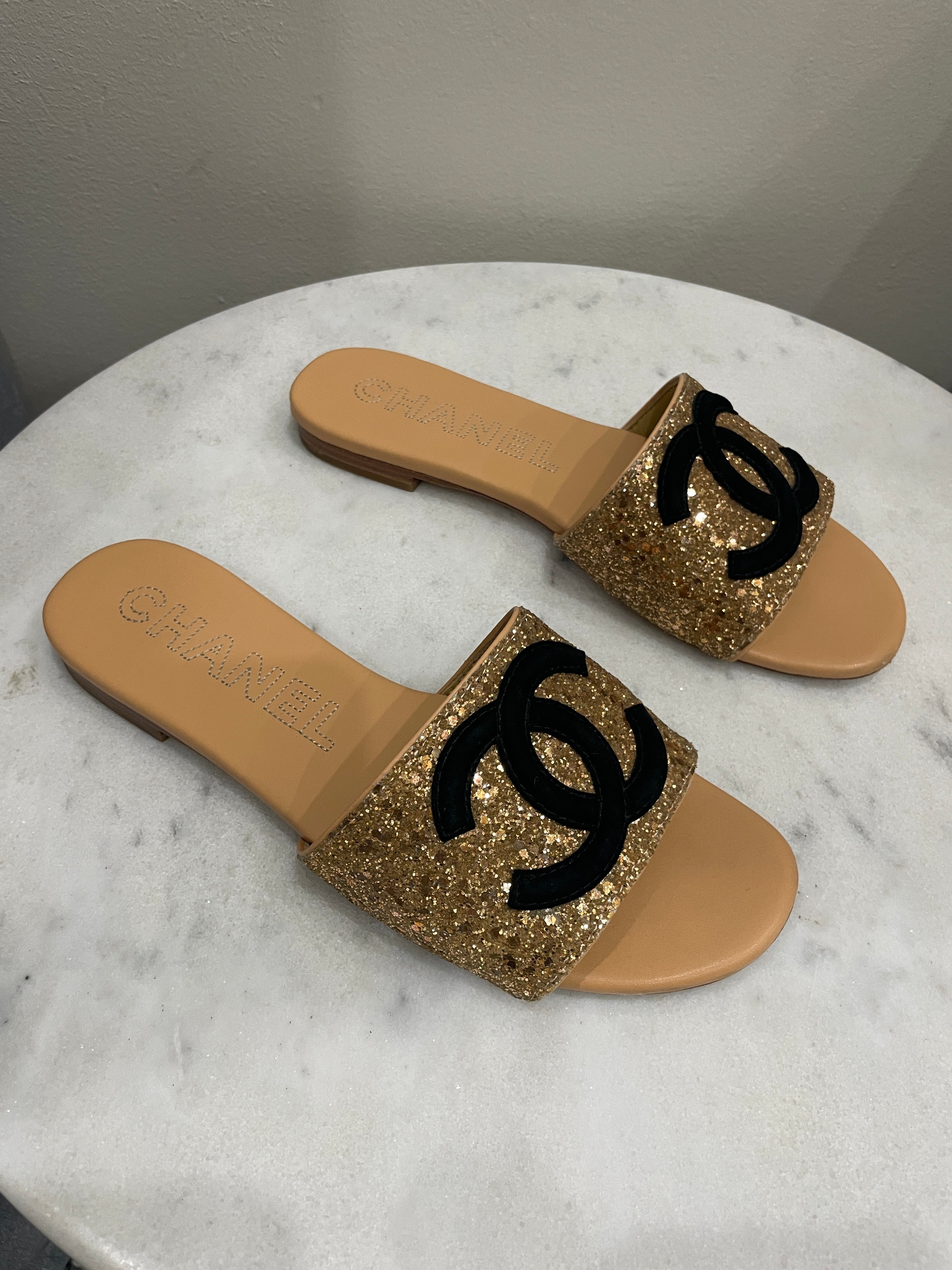 Chanel Gold Glitter Slides 38