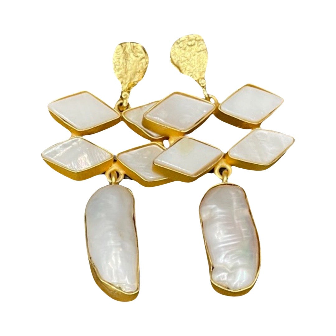 Gold Pearl 4 Diamond Drop Earrings