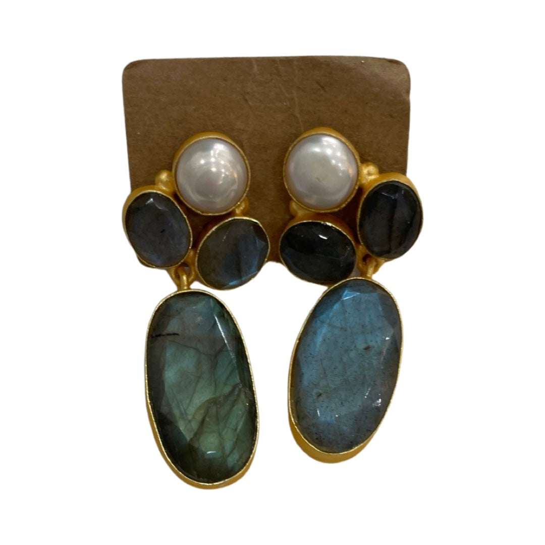 Single Pearl & Blue Stones Drop Earrings