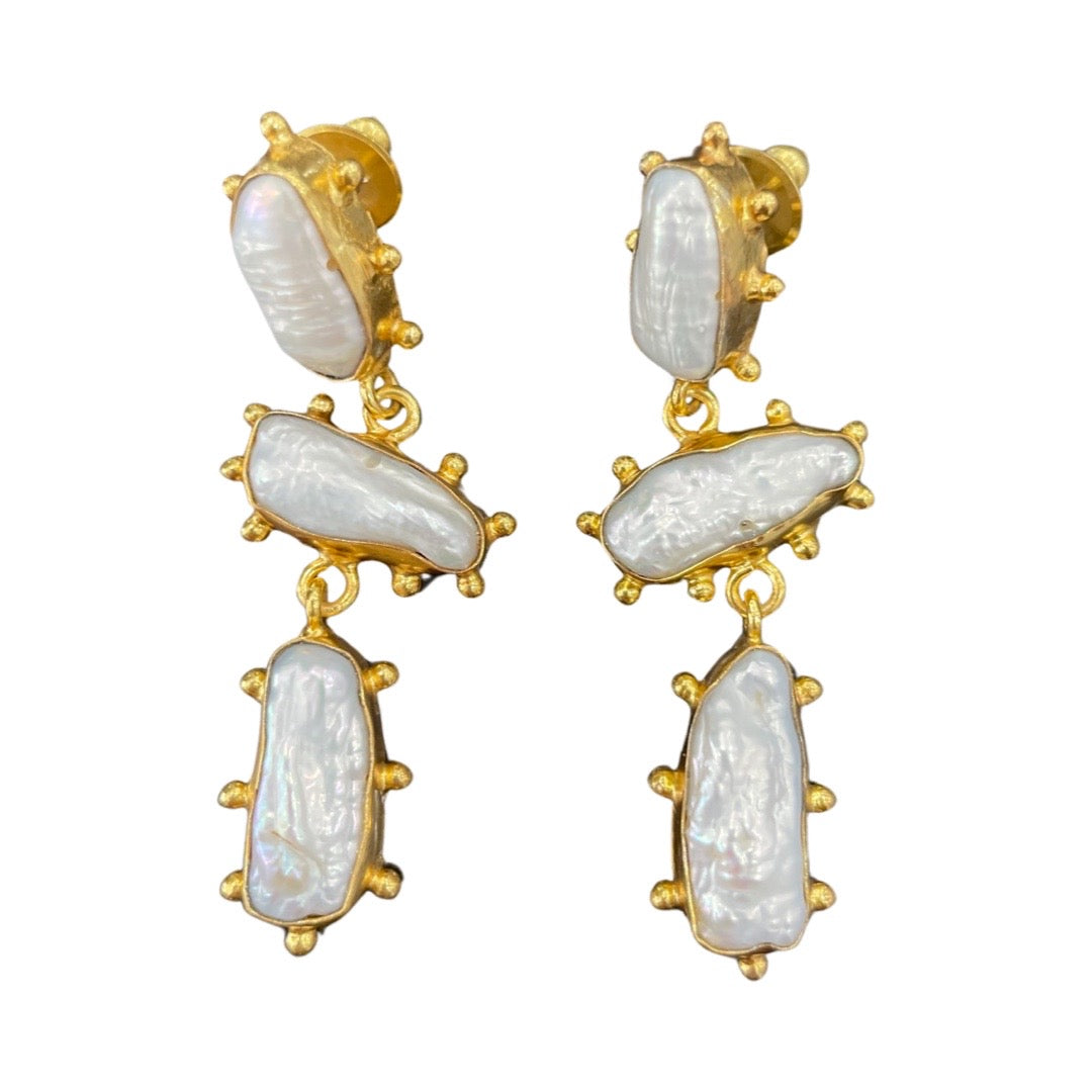 Gold 3 Pearl Drop Earrings