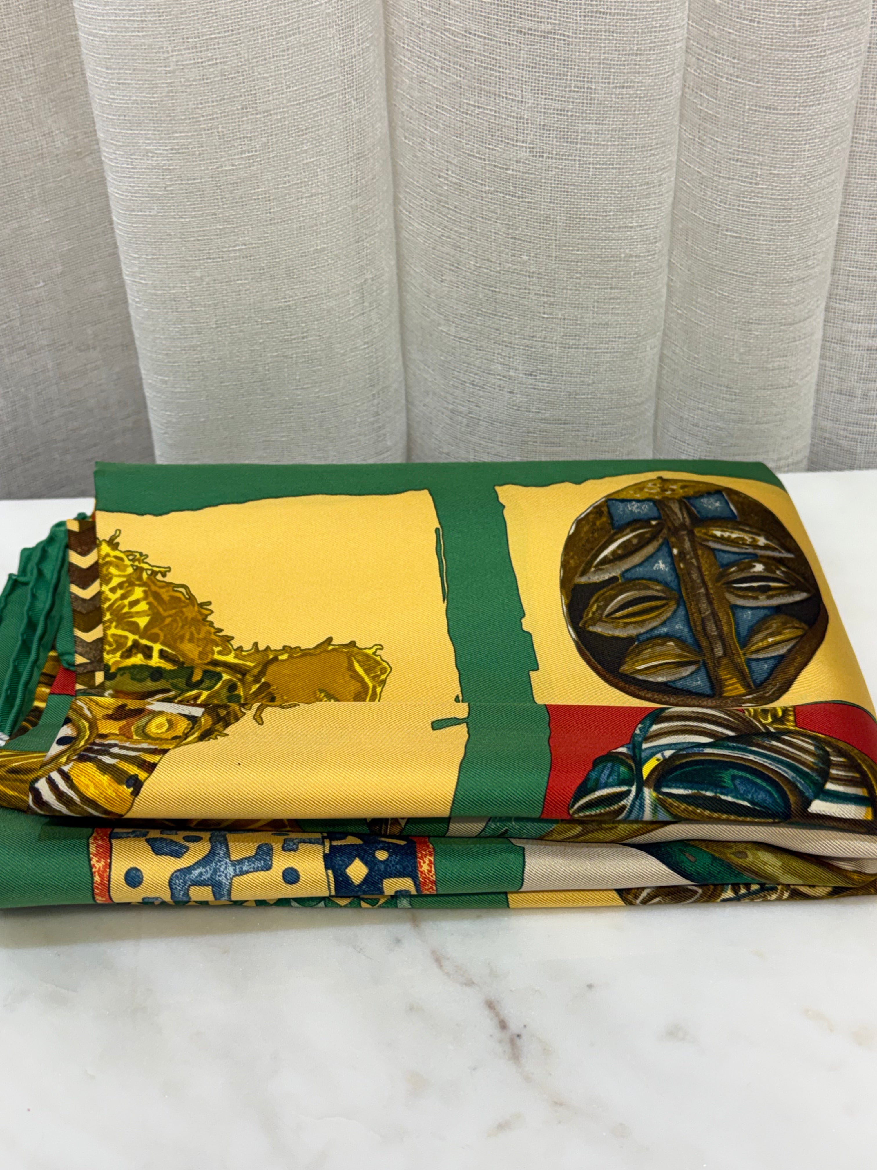 Hermes Green/Gold Tiki Print Scarf