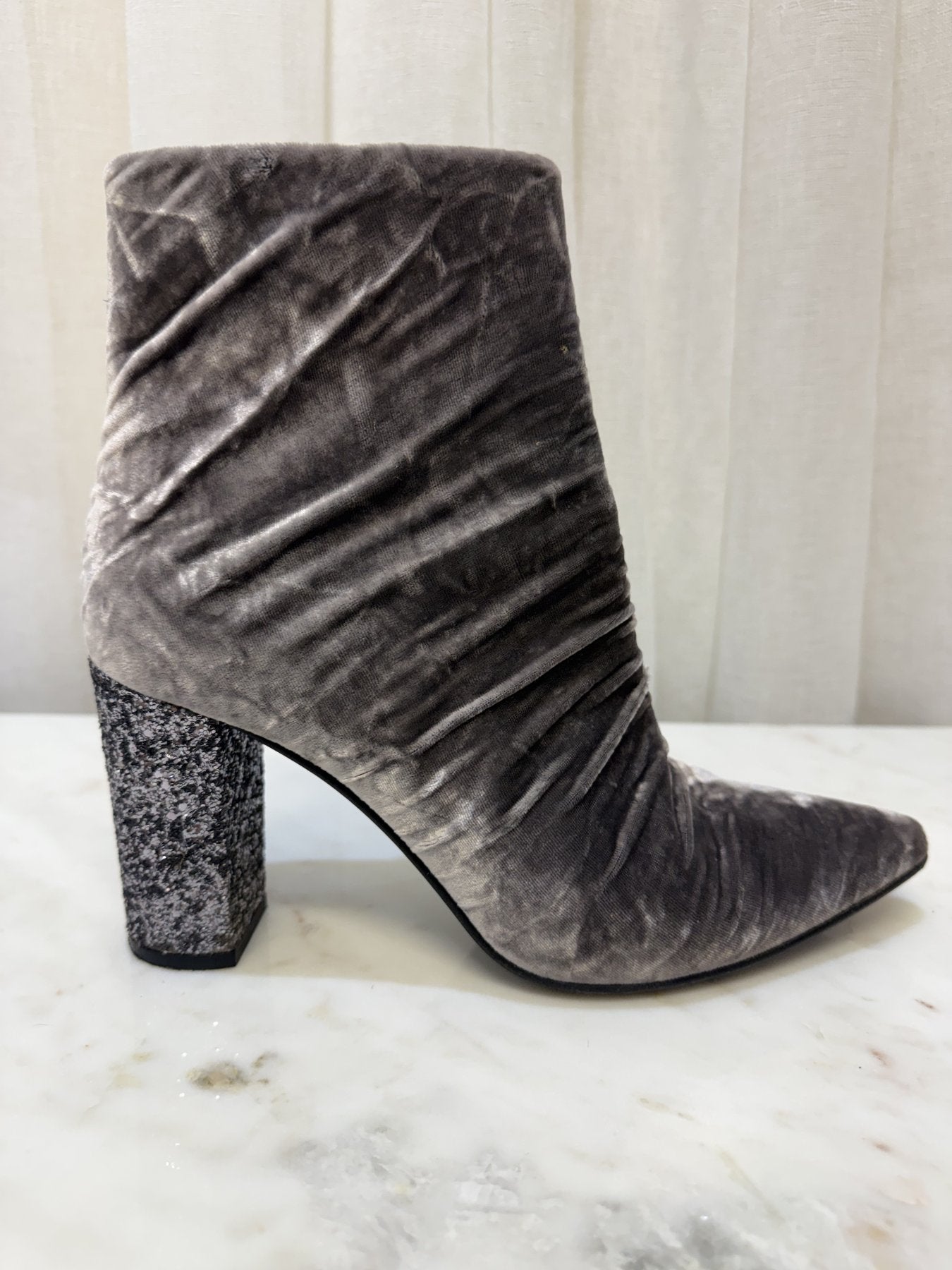 Grey Crushed Velvet Pointed Ankle Boots front