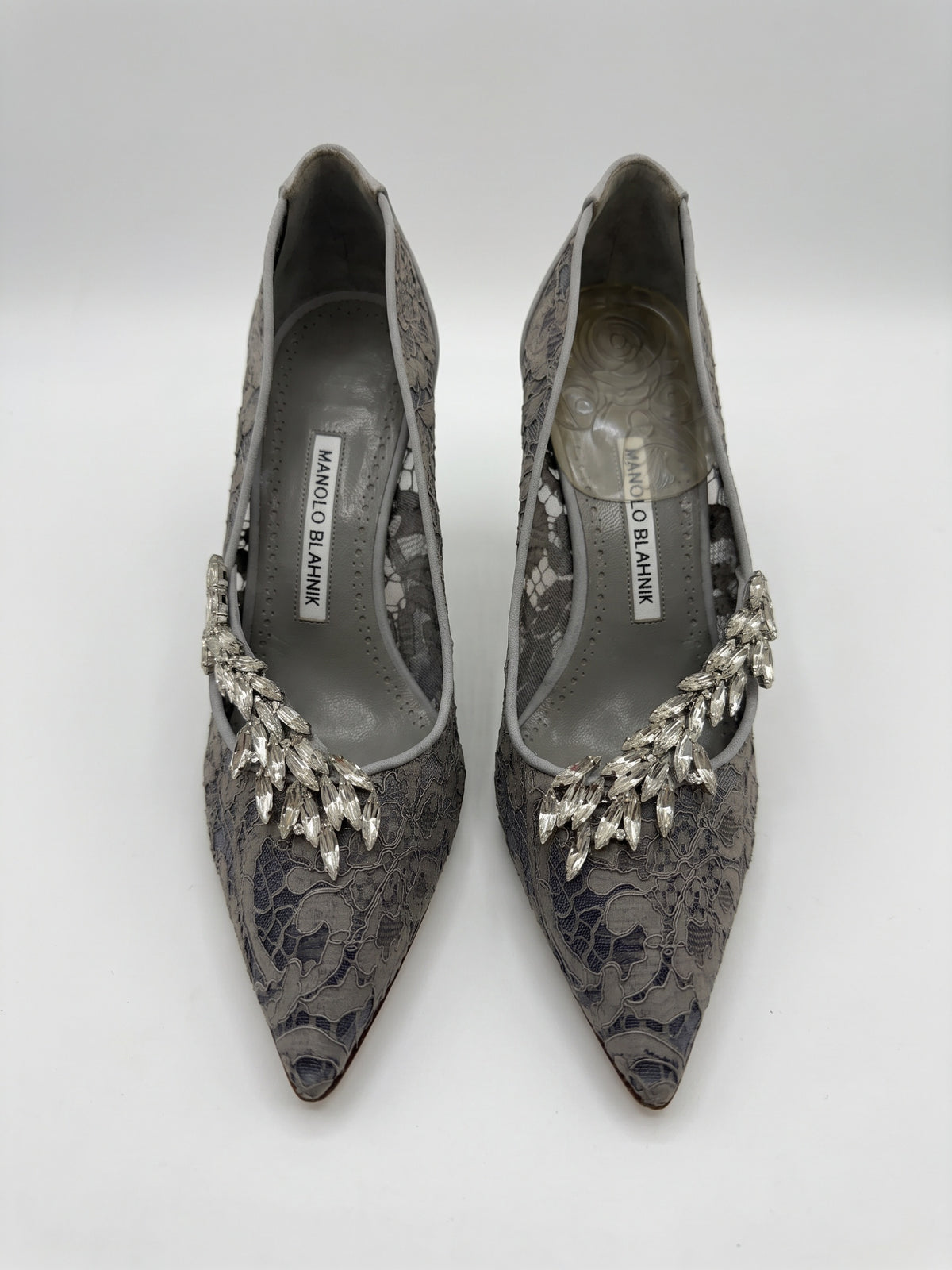 Manolo Blahnik Grey Lace Nadira Heels 38